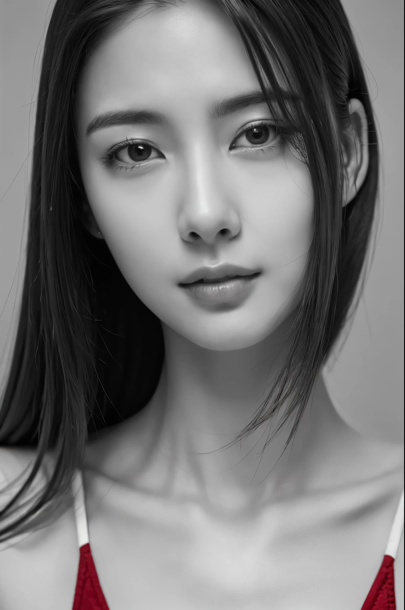 Masterpiece, Best Quality, Photorealsitic, Ultra-detailed, finely detail, high resolution, 8k wallpaper, Professional, high level of detail, ((monochrome photo)), 1girl in, ((Facing the front)), ((Only lips are in Red)), Detailed clavicle, face perfect, straight haired, (look straight at a camera)