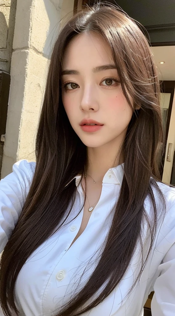 ((best quality, 8k, masterpiece :1.3)), sharp focus :1.2, beautiful woman,Perfect body :1.4, slim abs :1.2, ((dark brown hair, big breasts :1.2)), (White button-down long shirt :1.1), city street:1.2, Highly detailed facial and skin textures, delicate eyes, double eyelids