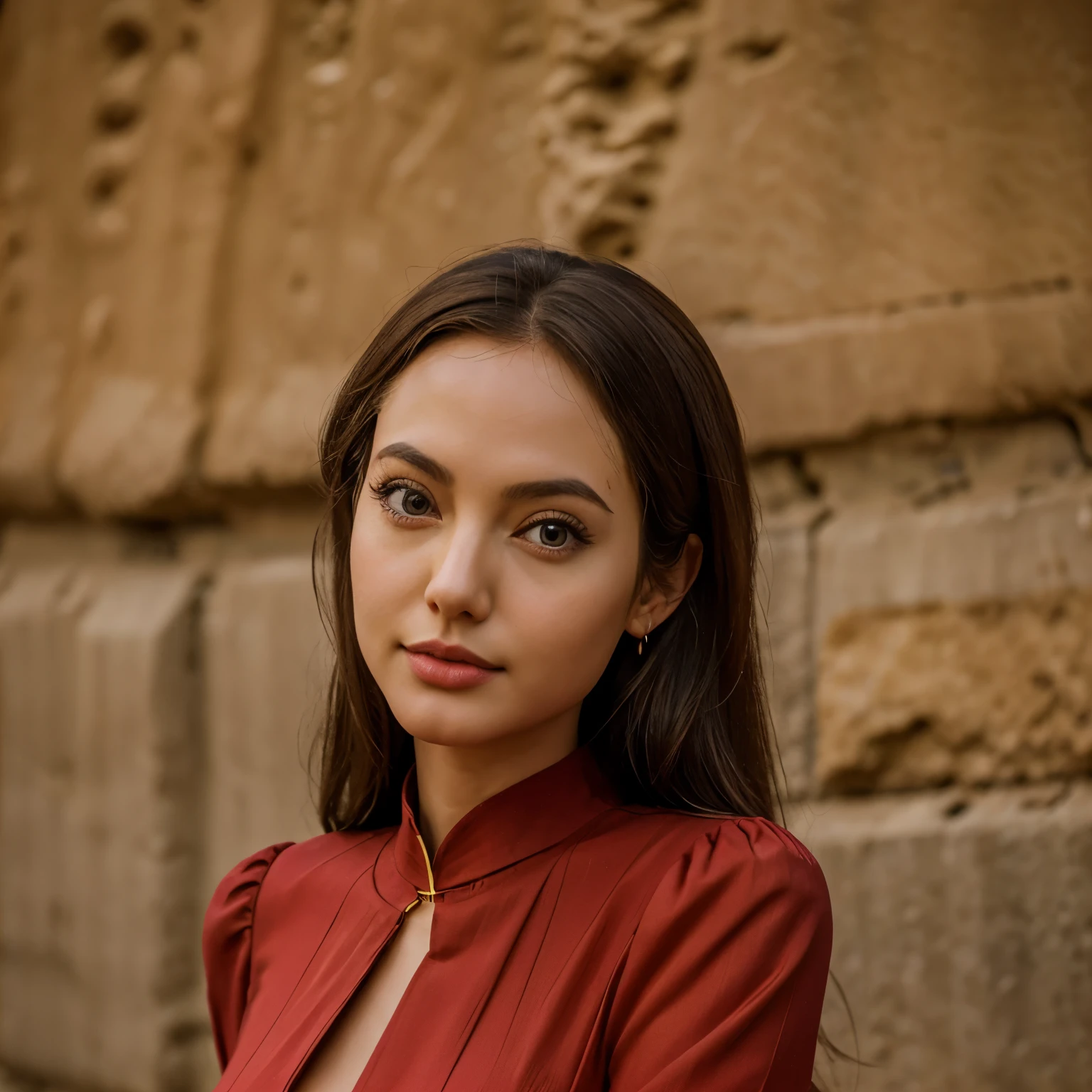 (8ก, raw photos, best quality, Masterpiece:1.2), (, Realistic photos:1.4), (CG unity 8a that is very detailed.), (1 girl:1.5), western beauty, (red clothes: 1.4), very slim ( small breasts :1.2 ) Slender face, red spot on forehead, Pale skin, Blush, Big eyes, full body, thigh, Open the navel, Gold Necklace, gold jewelry, flying ribbons, particle, The background is the ancient city of Loulan.., ancient city wall, desert,at night ( stand ) Dunhuang style outfit,( Close-up angle ) ยิงกลางกว้างfull body เผยอปาก