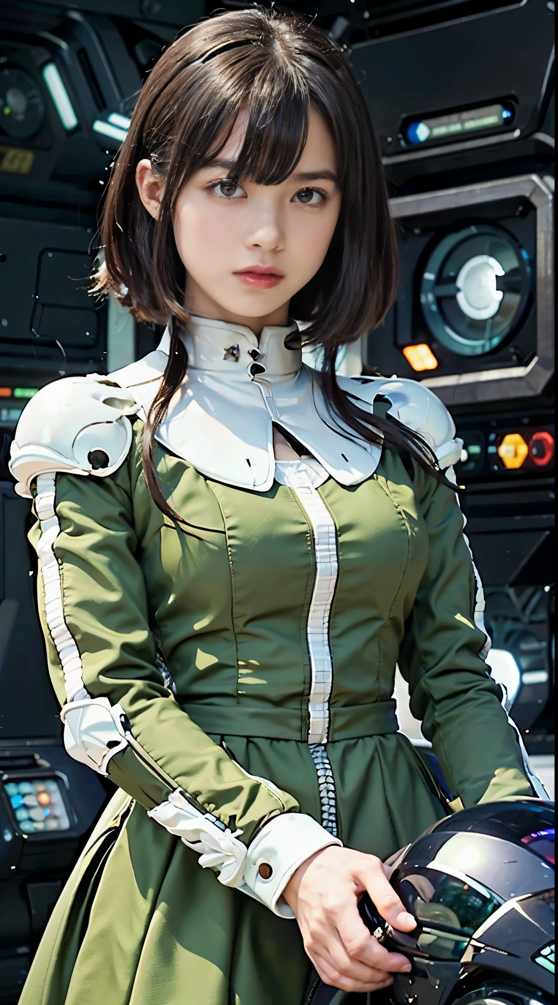 Highest image quality, outstanding details, ultra-high resolution, (realism: 1.4), the best illustration, favor details, highly condensed 1girl, with a delicate and beautiful face, dressed in a black and green mecha, wearing a mecha helmet, holding a directional controller, riding on a motorcycle, the background is a high-tech lighting scene of the future city.