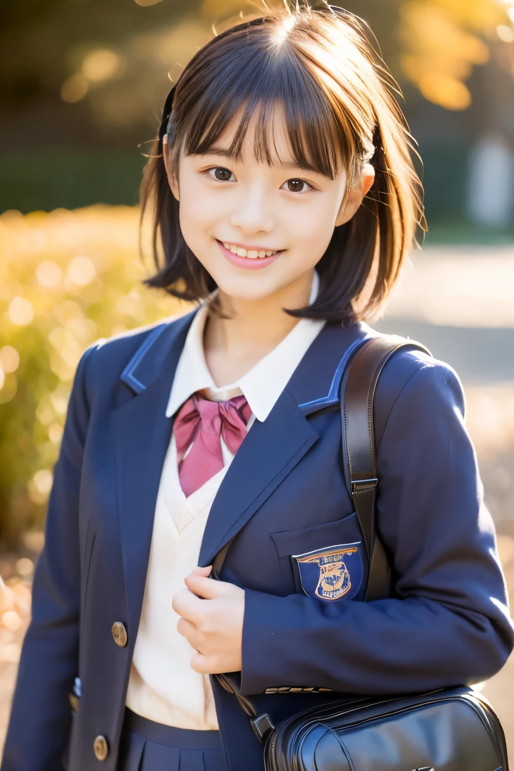 (((masterpiece，Super high resolution, realistic, super detailed, 8K,highest quality))),  (one beautiful japanese girl, innocence) ， detailed background，slender body shape，(bun hair), (baby face，Cute type，adorable 12 year old girl)， (perfect body:1.1),  (Japanese high school girl uniform，sailor suit，navy pleated mini skirt)，enjoy，smile，small gravure idol，transparent skin，Beautiful autumn scenery can be seen from the window，soft lighting，cute pose