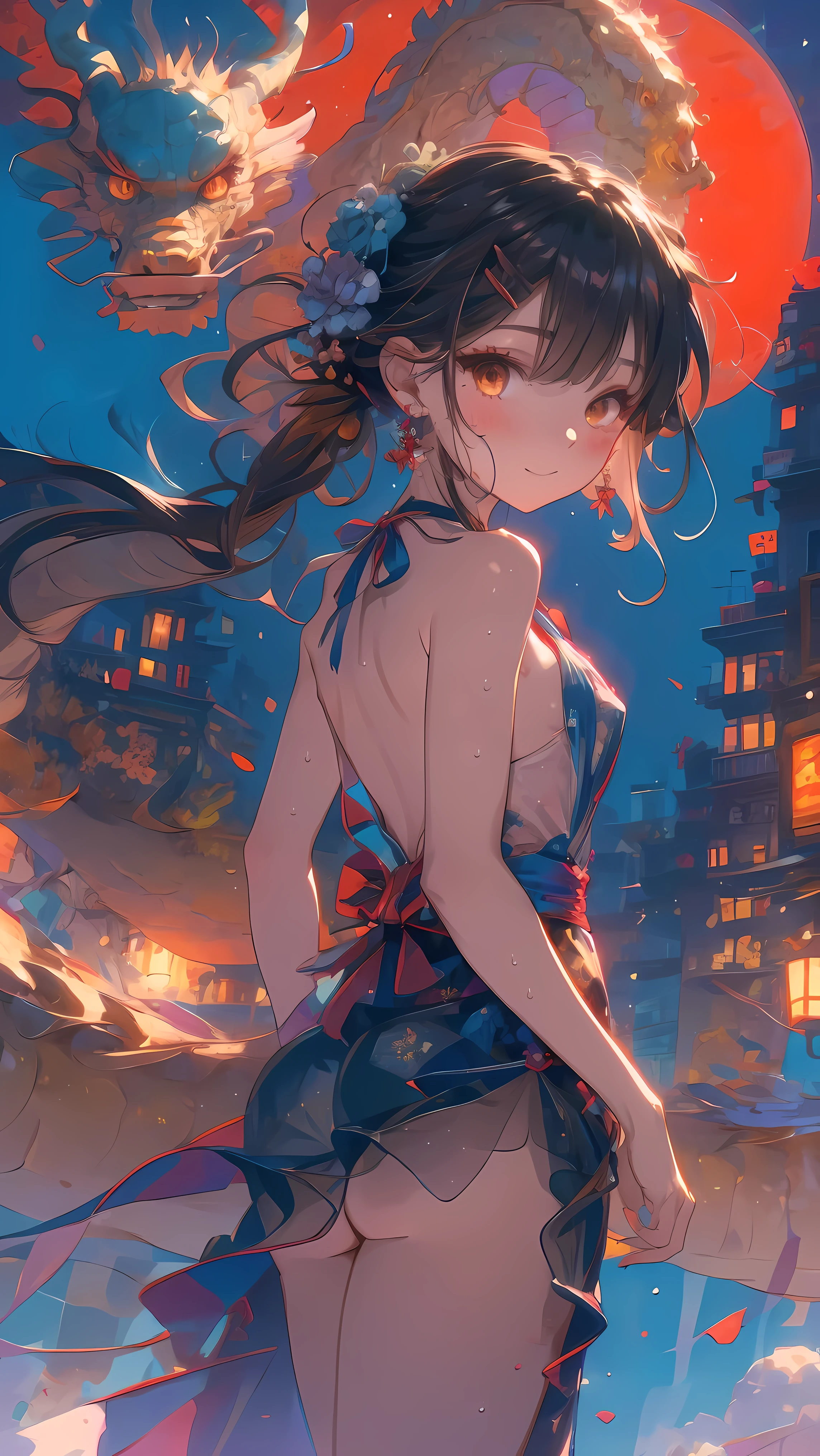 (from behind,back focus:1.4),Dragons and Girls,1 girl,(Meiyu Edelfeldt),Change,camel toe,black hair,brown eyes,seduct smile,alone,big ass,Tail,colored skin, jewelry, skirt,裸露thigh,necklace, Bangs, hair accessories, bare shoulders, side ponyTail, halter neck, Deep V neckline, side lock, halter skirt, backlessoutfit, silver skirt, nail polish, backless skirt, alone, Keep your mouth shut, blush, Bag, revealing clothes, earrings, hairpin, handBag, Sweat, perspective, evening dress, thigh, blue nails, flat_boobgasm, official alternate costume, cover nipples, hair between eyes,, best quality, amazing quality, very aesthetic, ridiculous,