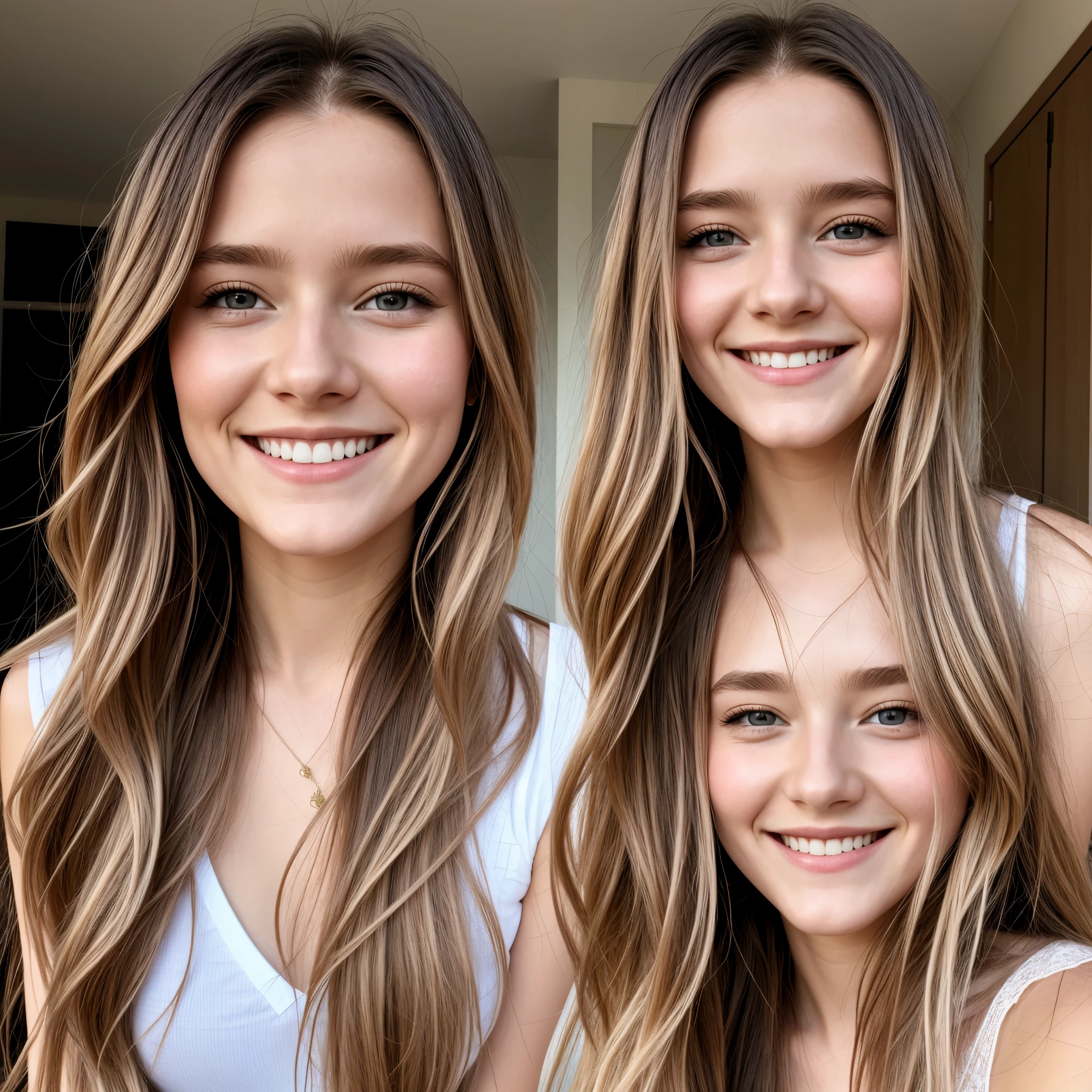 A 20 year german girl blushing, smile, clear perfect face with long hair