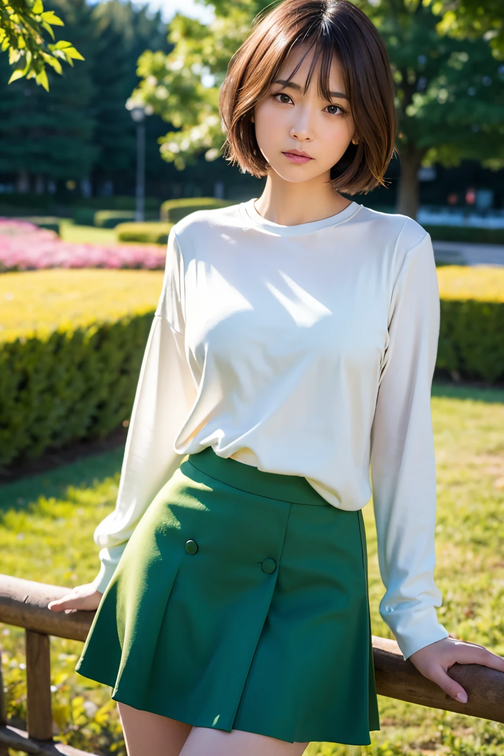 Live-action thin Japanese woman standing facing forward, Her face is Minami Hamabe, a Japanese actress., Standing posture, Camera is front (detailed costumes: Fluffy short sleeve red blouse, Fluttering white miniskirt with many folds) (Body details:lean body, Height: 155cm, Bust 75cm, Waist 55cm, Hip 85cm, Healthy thighs) (detailed background, green leaves on old brick)(Detailed model figure:face is facing the camera, The body is facing the camera) (Photo composition:Front of the body, Photo from thighs up,looking at the camera, Photo from the front) (hair details:Bob cut brown hair)