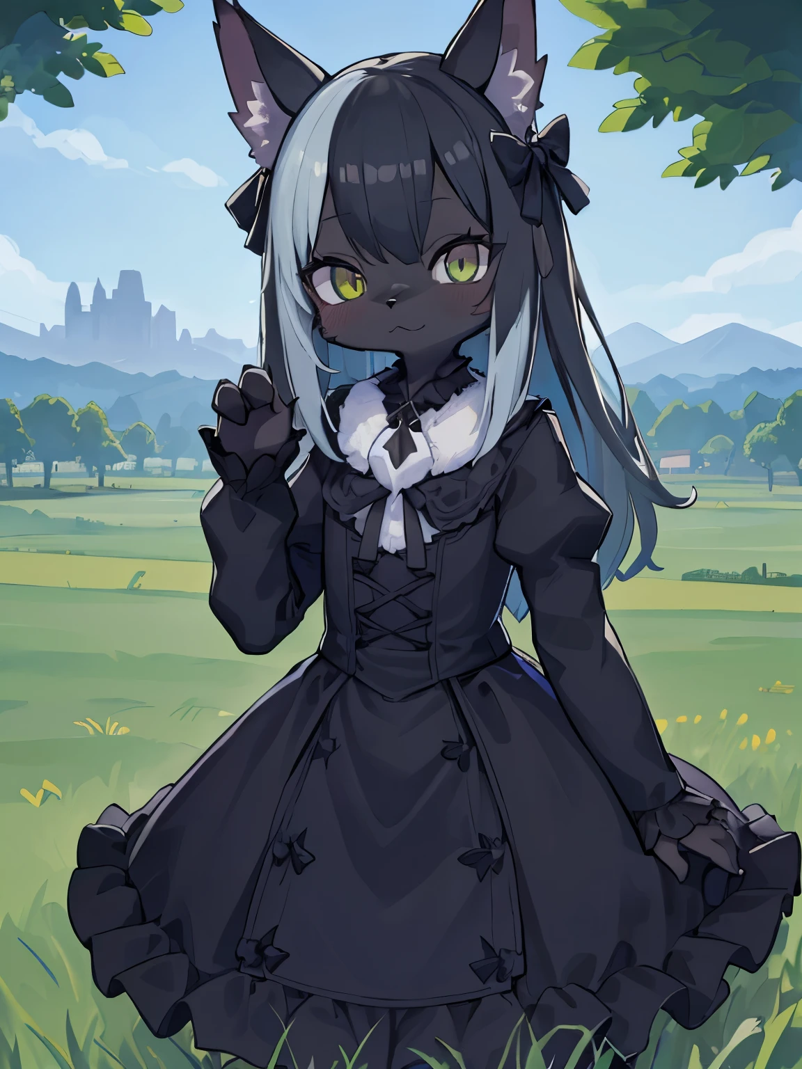deep Black cat girl, black_skin, fluffy_skin, furry, Blaues oberteil, Blaue Augen, Niedlich, green meadow as background, aufrecht  auf der Wiese stehend, Steht aufrecht, hole body, kurze freche haare in blau, blaue kleidung, shirt,