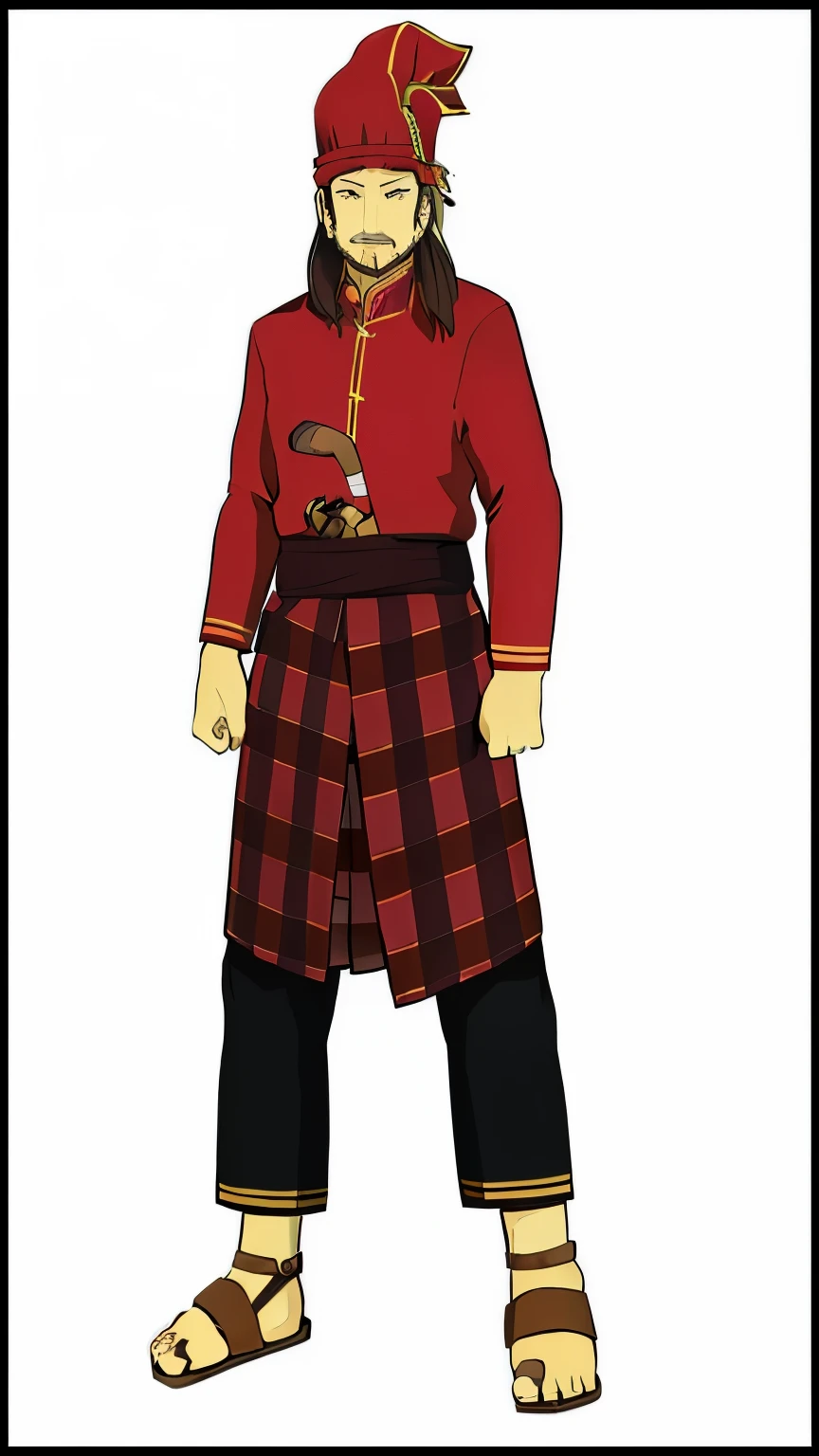 a cartoon of a man in a red shirt and plaid pants, a character based on a haggis, new costume concept design, full body with costume, inspired by Taiyō Matsumoto, inspired by Yang Borun, clothed in old samurai uniform, tai costume, royal attire akira, inspired by Unkoku Togan. He is in the big ark and drawing his weapon, background is ocean waves