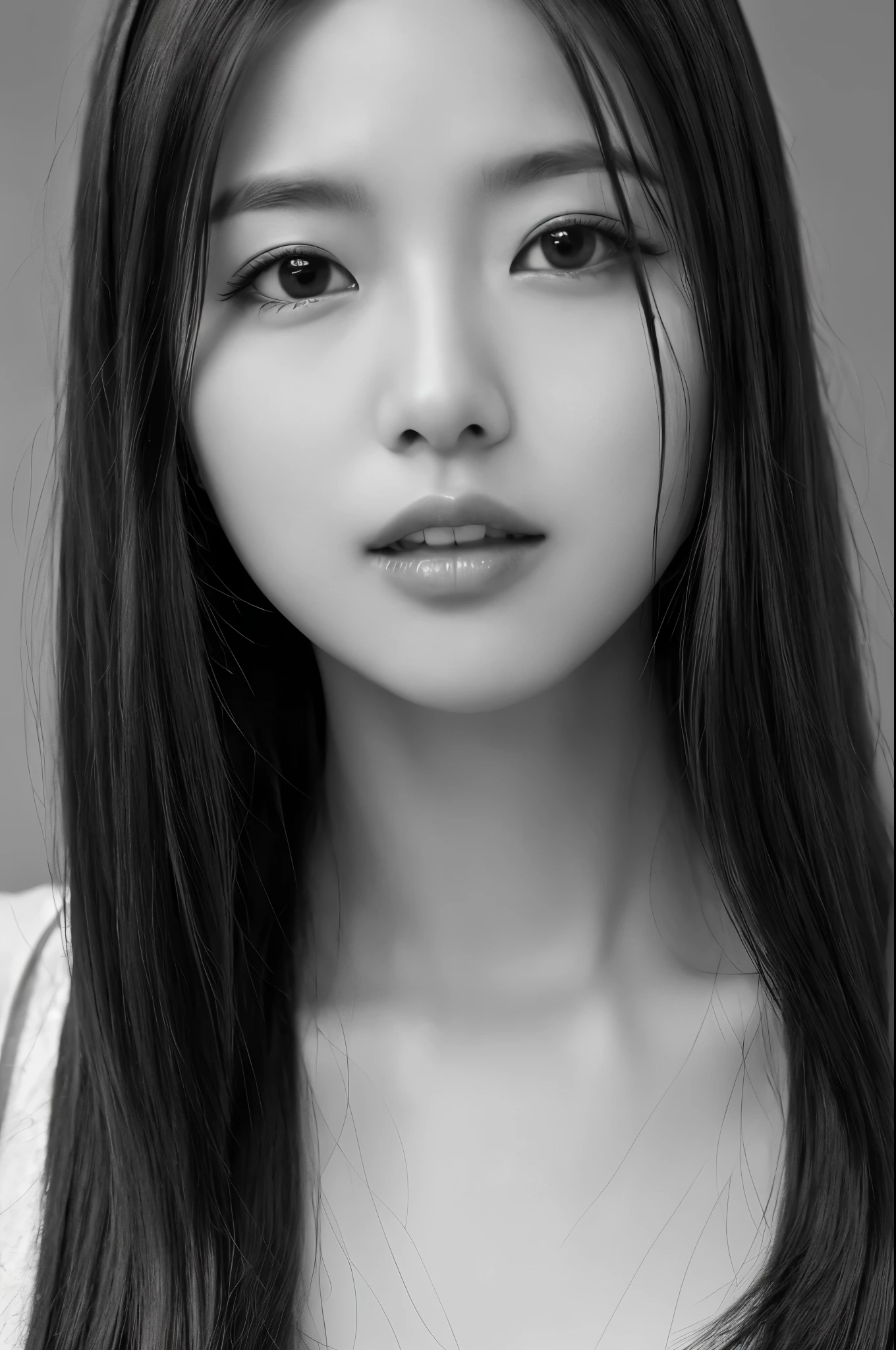 Masterpiece, Best Quality, Photorealsitic, Ultra-detailed, finely detail, high resolution, 8k wallpaper, Professional, high level of detail, ((monochrome photo)), 1girl in, ((Facing the front)), ((Only lips are in Red)), Detailed clavicle, face perfect, straight hair, (look straight at a camera)