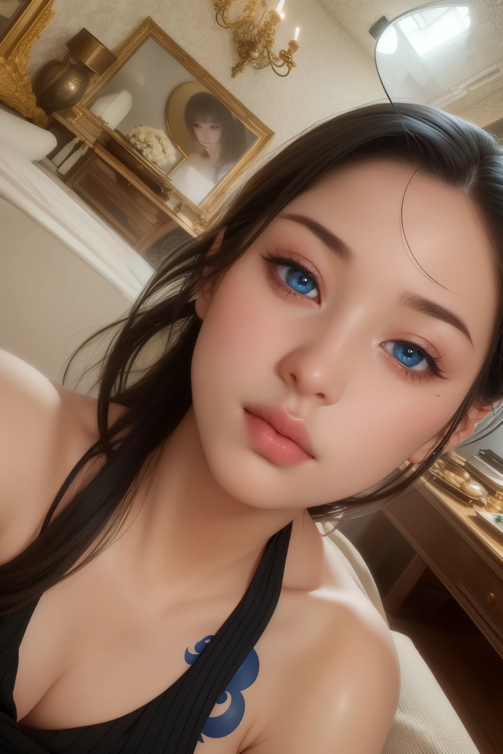 Beautiful big breastokeh), indoors, detailed luxury living room, gentle and charming beautiful goddess, Korean(kpop-idol), solo, necklace, oval face, double eyelids, smart, good hands, good feet, Natural, (from below angle), (glossy skin:1.05), ((low angle)), Perfect figure, (64k, UHD, RAW photo, best quality, masterpiece:1.4), (realistic, photo-realistic:1.37), ultra high res, photon mapping, radiosity, physically-based rendering, professional soft lighting, blue eyes, purpel hair, tattoo