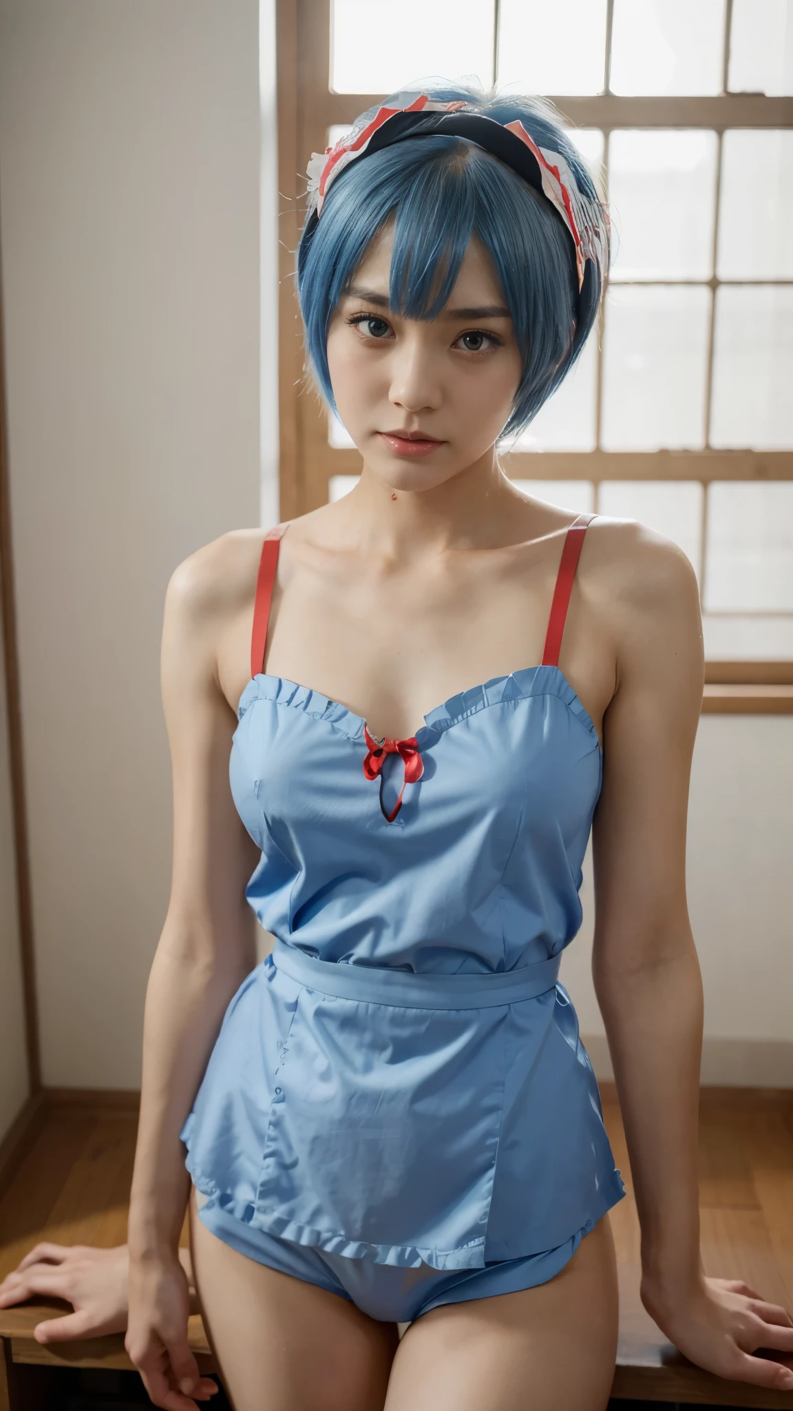 (highres, best quality), Rei Ayanami, Beautiful Mixed Pretty Japanese Babe Face. Beautiful Face, Detailed Beautiful bright red eyes, beautiful slim body, Super Blue Short Hair, maid outfit, maid headband, combine realism and anime influences, sorrow beautiful face, Intense Beautiful gaze,