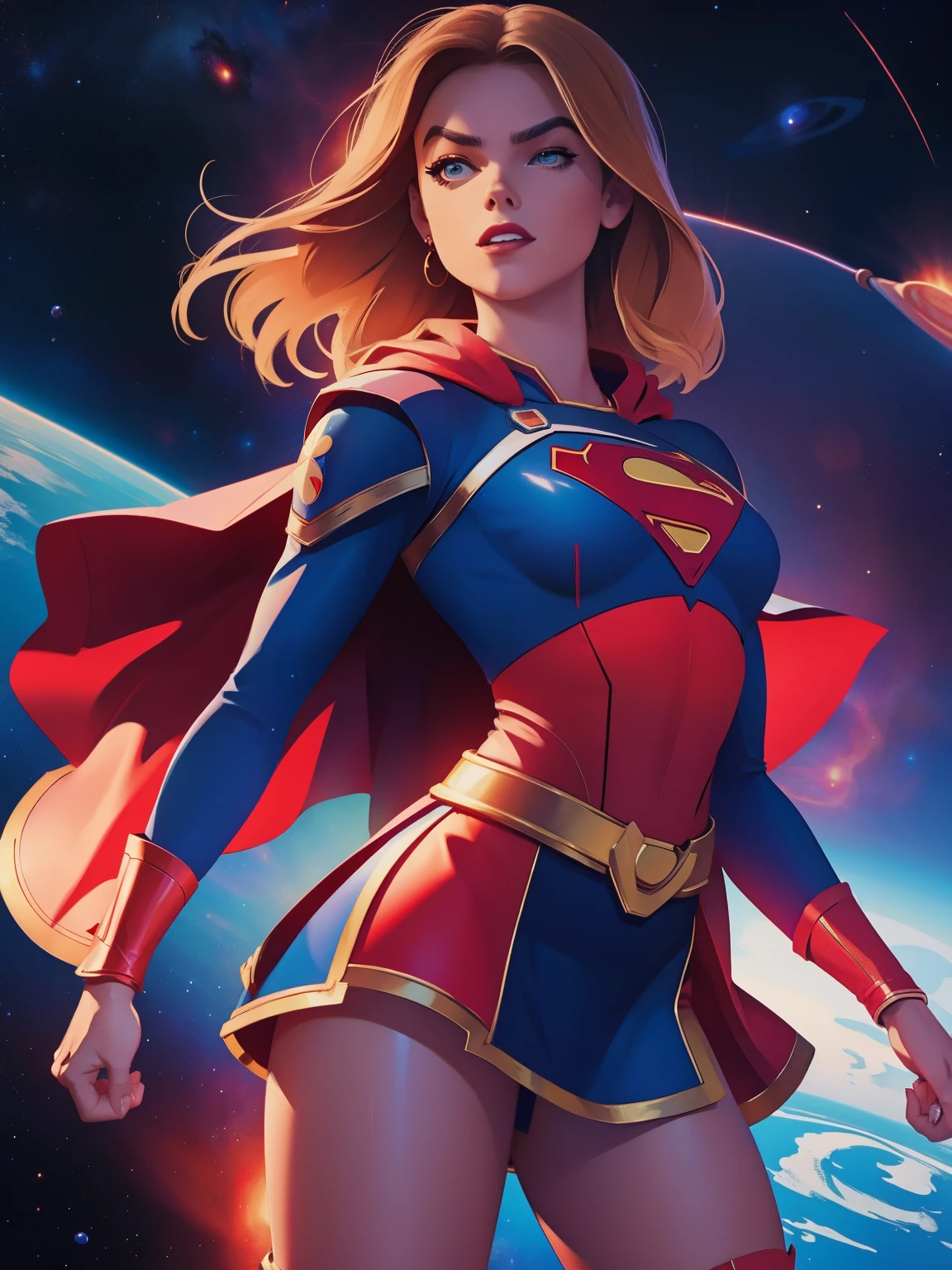 (((COMIC STYLE, CARTOON ART))). ((1 girl)), lonly, solo, A comic-style image of Supergirl a Hot hero Girl, with her as the central figure. She wears a traditional Supergirl blue and red outfit, red little skirt, (((Milly Alcock face))) . ((Hot slim body). (((Cinematic cosmic space background))) . She has a strong and courageous expression, as if she is ready to fight evil.