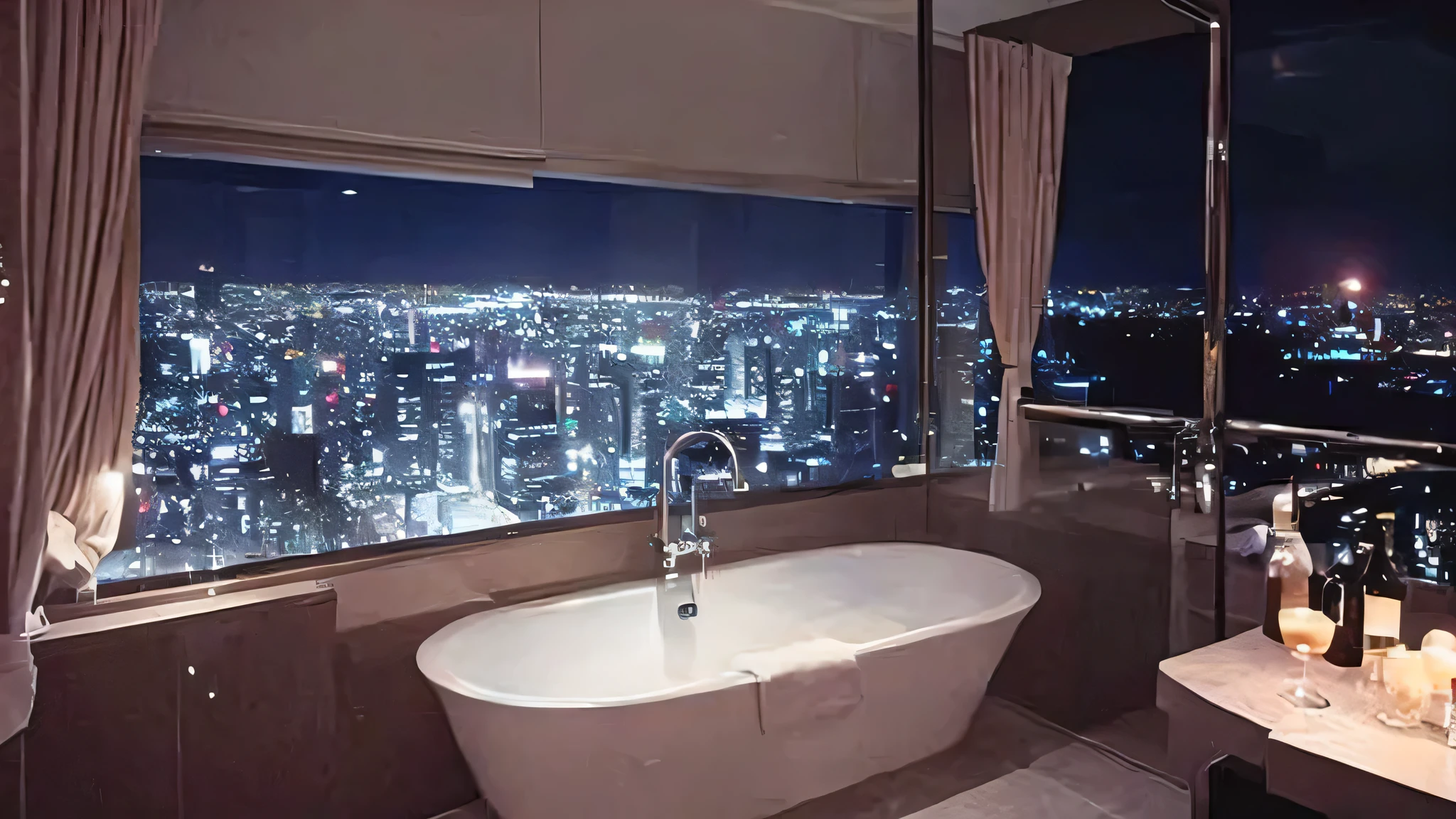arafed view of a city At night from a busroom with a large tub, view, stunning view, like that, beautiful views, gorgeous view, city view, city views, great view, amazing view, penthouse, premium busroom design, skyline, Tokyo, set in Tokyo rooftop, nice environment, bus, busroom, bustub, At night!!, nice