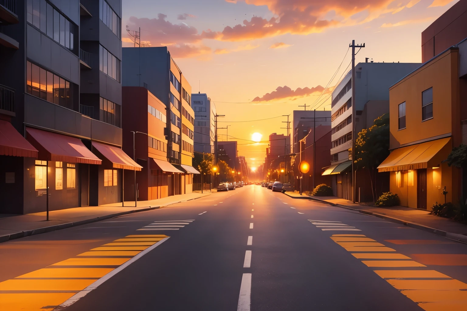 road, street, city, anime, anime drawing, sunset, orange and yellow sky