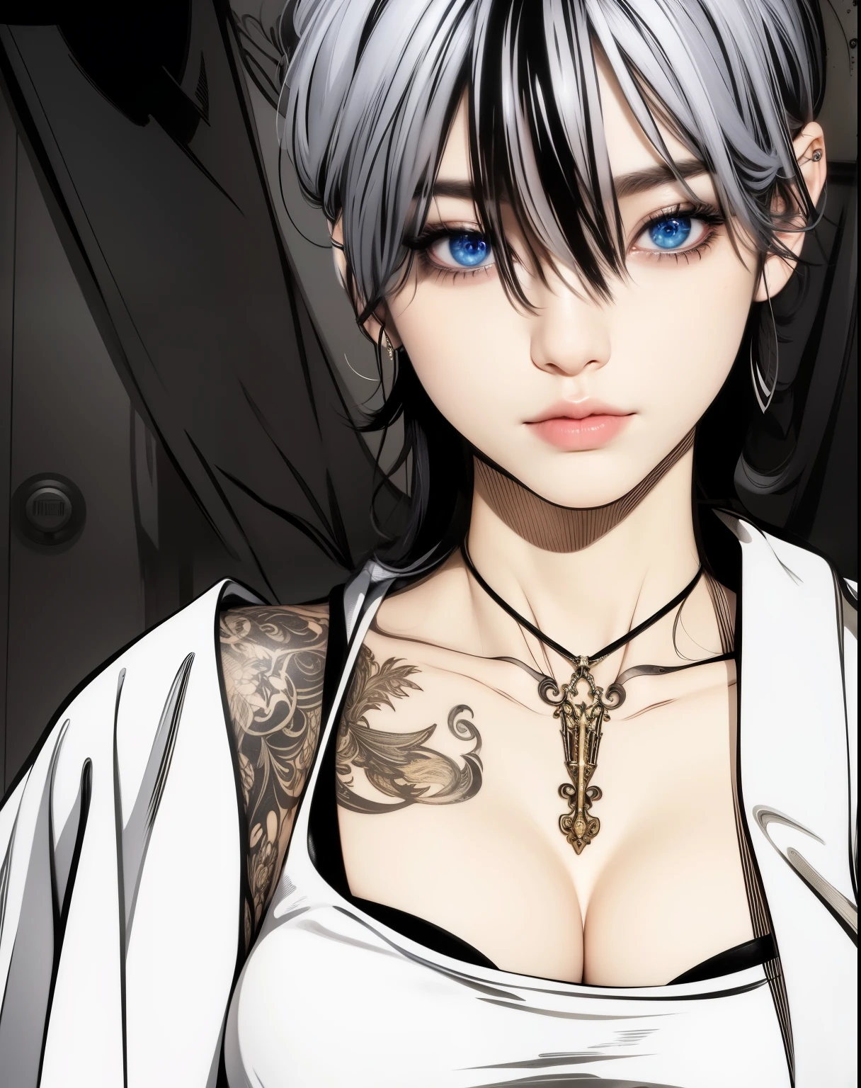 Beautiful big breastokeh), indoors, detailed luxury living room, gentle and charming beautiful goddess, Korean(kpop-idol), solo, necklace, oval face, double eyelids, smart, good hands, good feet, Natural, (from below angle), (glossy skin:1.05), ((low angle)), Perfect figure, (64k, UHD, RAW photo, best quality, masterpiece:1.4), (realistic, photo-realistic:1.37), ultra high res, photon mapping, radiosity, physically-based rendering, professional soft lighting, blue eyes, purpel hair, tattoo
