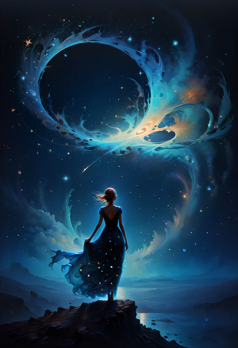 Dream Scenery,Conceptual art,digital art,by Anne Bachelier,a glowing neon-colored circle, A woman wearing a blue long dress with her hair up is standing in the background of a dark blue night sky. Her long dress is decorated with dots of stars,which seem to be the reflection of stars in the night sky. Mystery and romance,starry sky,universe and endless imagination space,realistic and abstract,dreamy and surrealistic,the use of colors is very unique. The dark blue background forms a harmonious unity with the female blue dress,but also highlights the female image,the embellishment of stars adds a hint of vitality and vitality to the picture,making the whole picture more vivid and interesting,unique creativity and exquisite painting,mysterious,romantic and surreal atmosphere,full of imagination, (best quality, masterpiece, Representative work, official art, Professional, Ultra high detail, 8k:1.3)