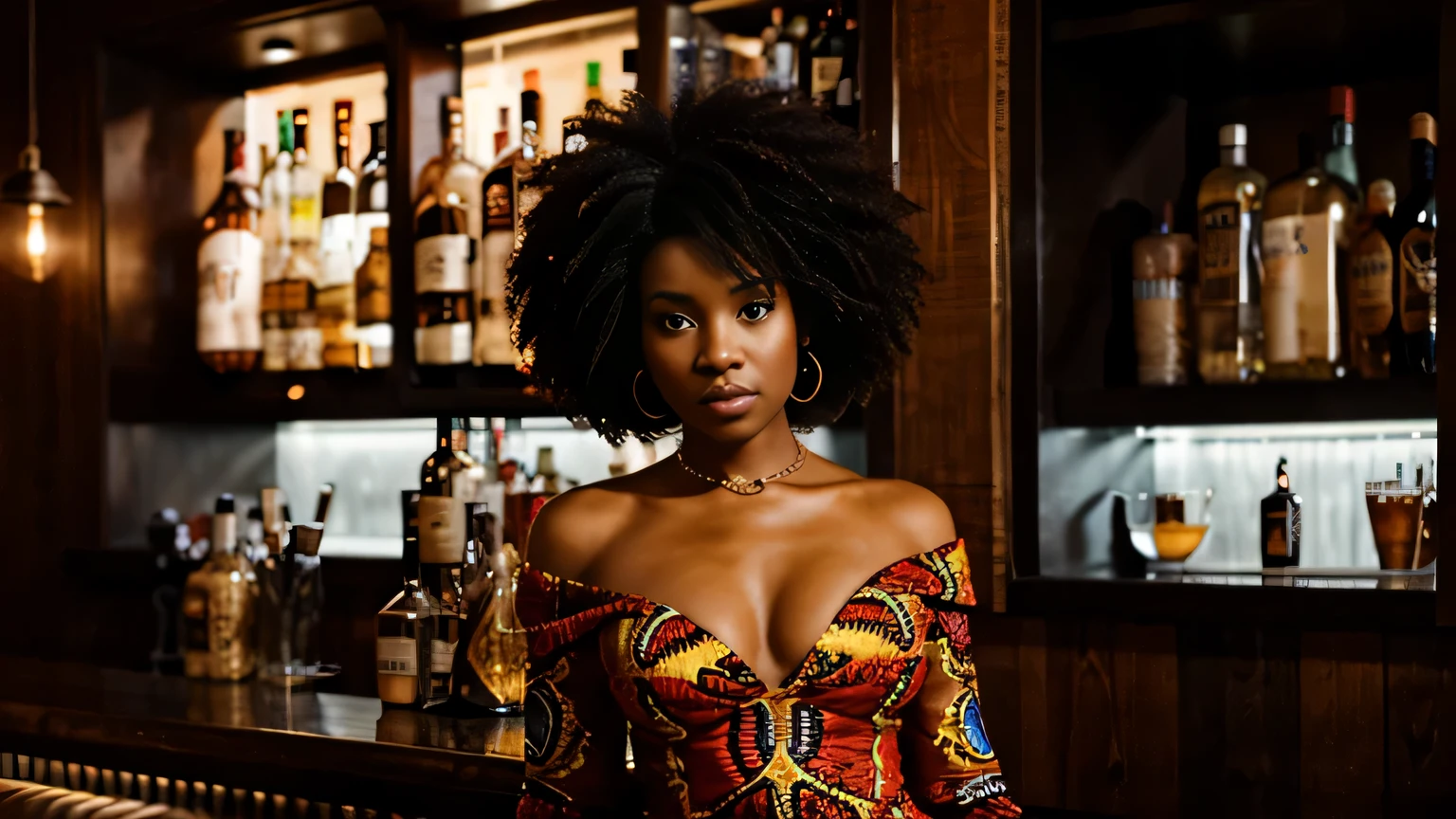 a lady standing in a bar, afro hair, shot gown,heel, african american