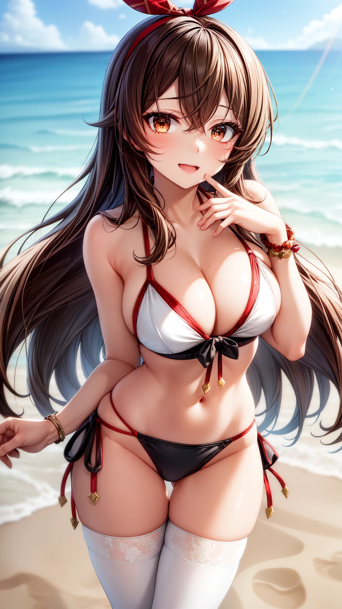 anime, beautiful face, highly detailed face, (2 accurate legs:1), brown detailed eyes, highly detailed beach background, perfect lighting, best body lighting, 1girl, solo, amber, genshin impact, outdoors, (beautiful brown hair:1.2), (beautiful red hair ribbon:1.0), absurdres, high res, ultrasharp, 8K, masterpiece, looking at viewer, affectionate smile, clear mouth, BREAK (detailed sexy beach bikini:1.3), (all intricate lace:1.2), (sexy pose:1.25), arching back