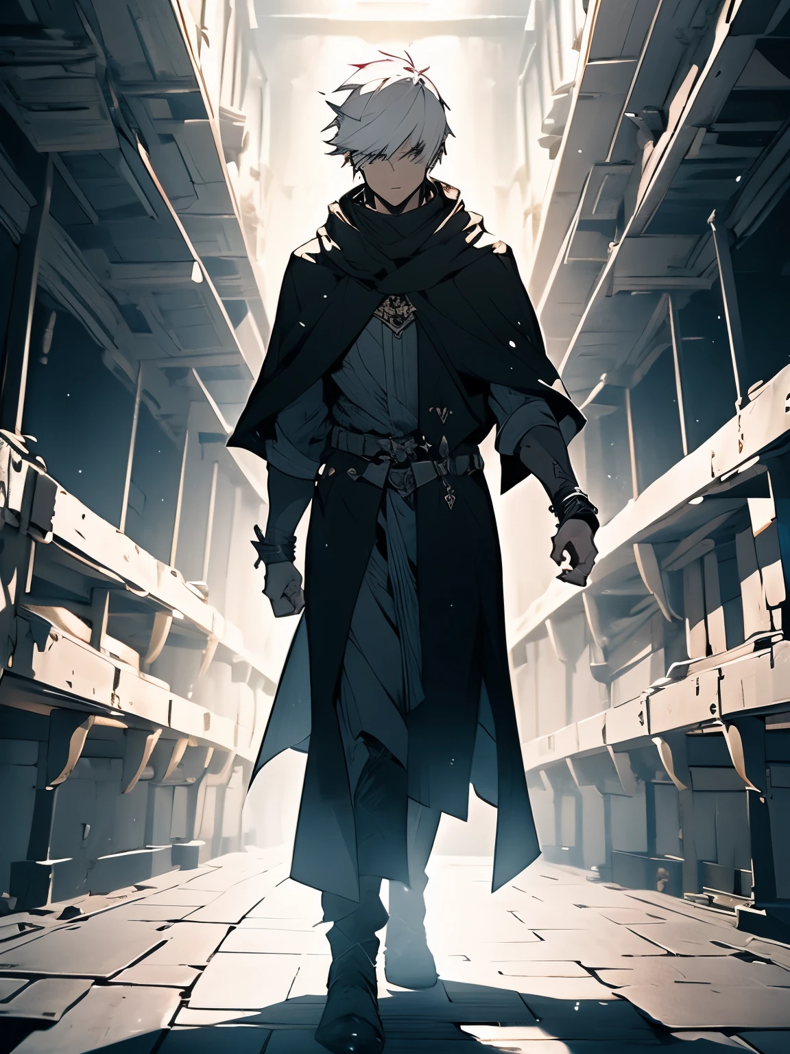 A badass male character with a white short hair and black cloak that using a fight gauntlet walking so cold in the middle of dungeon
