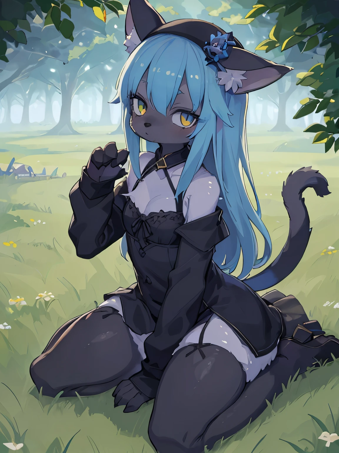 deep Black cat girl, blue_skin, fluffy_skin, furry, Blaues oberteil, Blaue Augen, Niedlich, green meadow as background, aufrecht stehend, Steht aufrecht, hole body, kurze freche haare in blau, blaue kleidung, shirt, beine, hole body, tail