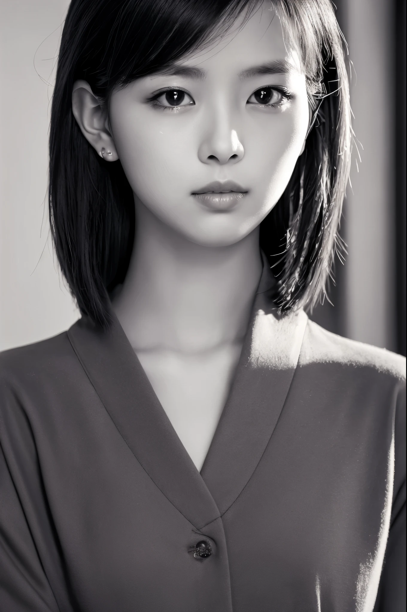 Masterpiece, Best Quality, Photorealsitic, Ultra-detailed, finely detail, high resolution, 8k wallpaper, Professional, high level of detail, ((monochrome photo)), 1girl in, Skinny Japanese woman, ((Facing the front)), ((Only lips are in Red)), Detailed clavicle, face perfect, straight hair, (look straight at a camera)