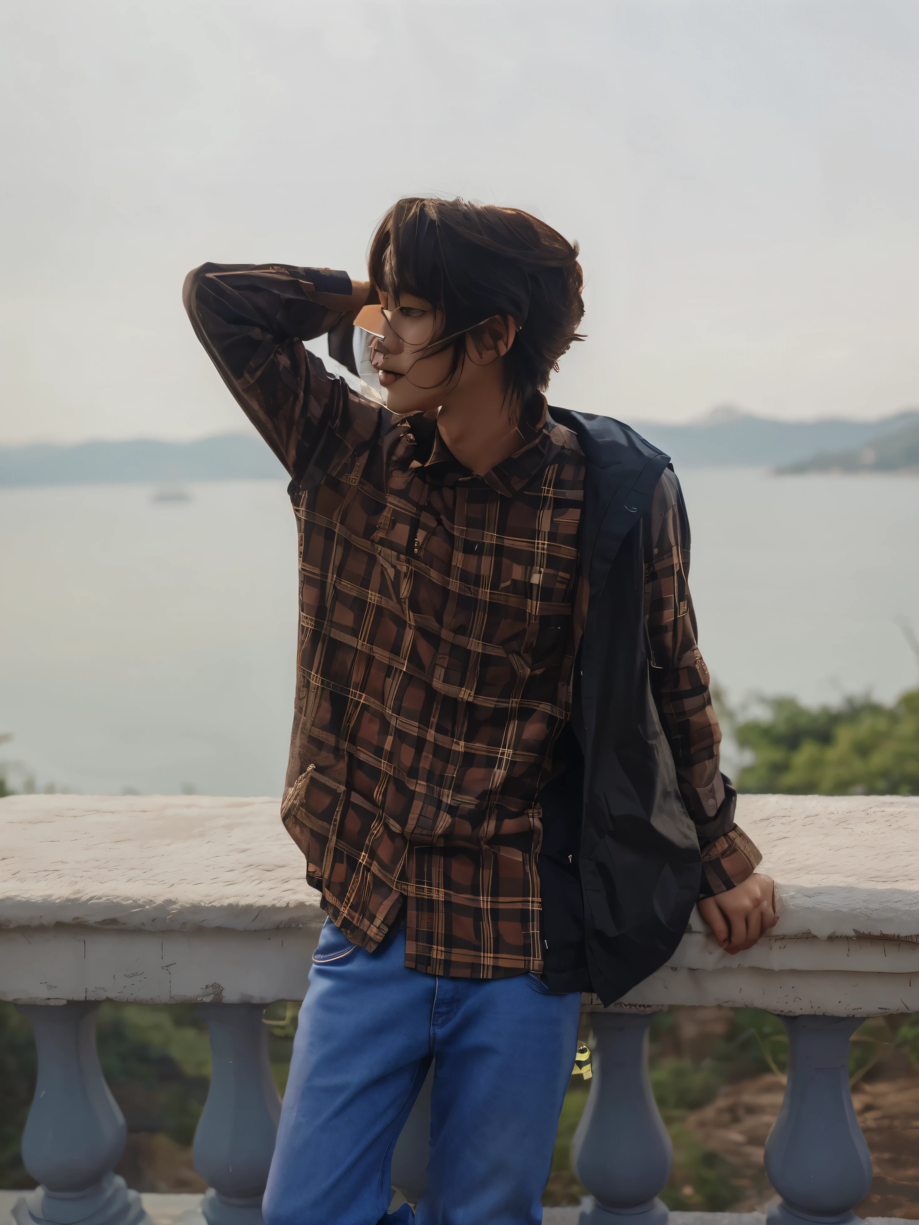 A cute Korean boy with long wolf cut hair 5D realistic 8k wallpaper with hyper realistic super high resolution perfect cute realistic face and bagy oversized fitting dress up