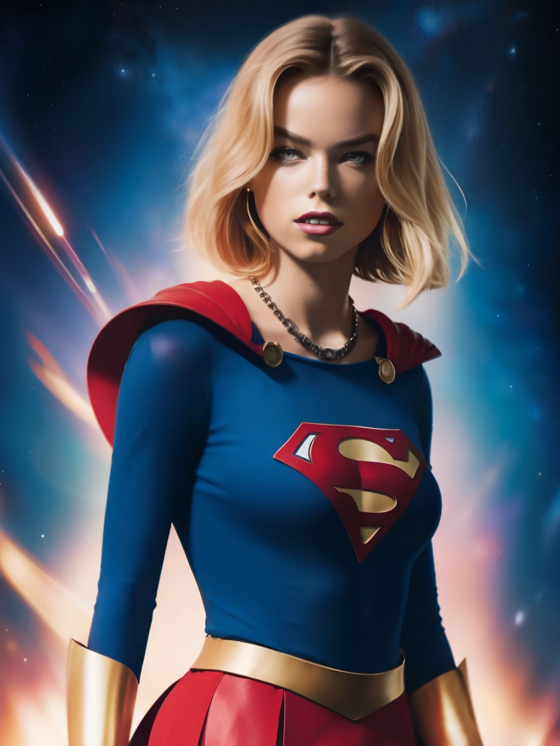 (((COMIC STYLE, CARTOON ART))). ((1 girl)), lonly, solo, A comic-style image of Supergirl a Hot hero Girl, with her as the central figure. She wears a traditional Supergirl blue and red outfit, red little skirt, (((Milly Alcock face))) . ((Hot slim body). (((Cinematic cosmic space background))) . She has a strong and courageous expression, as if she is ready to fight evil.