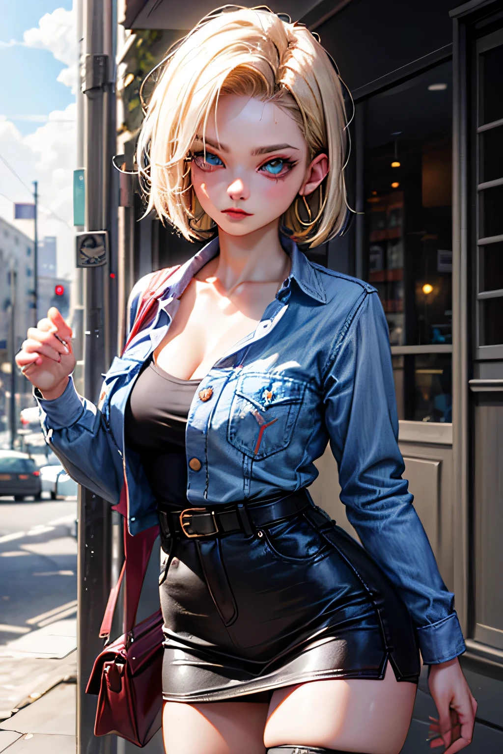 android 18, android 18, blonde hair, blue eyes, eyelash, hoop earrings, short hair, earrings, break belt, black legwear, black shirt, breast pocket, cleavage, clavicle, denim, denim skirt, high-waist skirt, jewelry, long sleeve, pocket, shirt, shirt tucked in, skirt, striped, striped sleeves, waistcoat,, break outdoors, city, null, cloud, sun, break looking at viewer, (cowboy shot:1.5), break (masterpiece:1.2), highest quality, High resolution, unity 8k wallpaper, (shape:0.8), (beautiful and detailed eyes:1.6), highly detailed face, perfect lighting, Very detailed CG, (perfect hands, perfect anatomy)