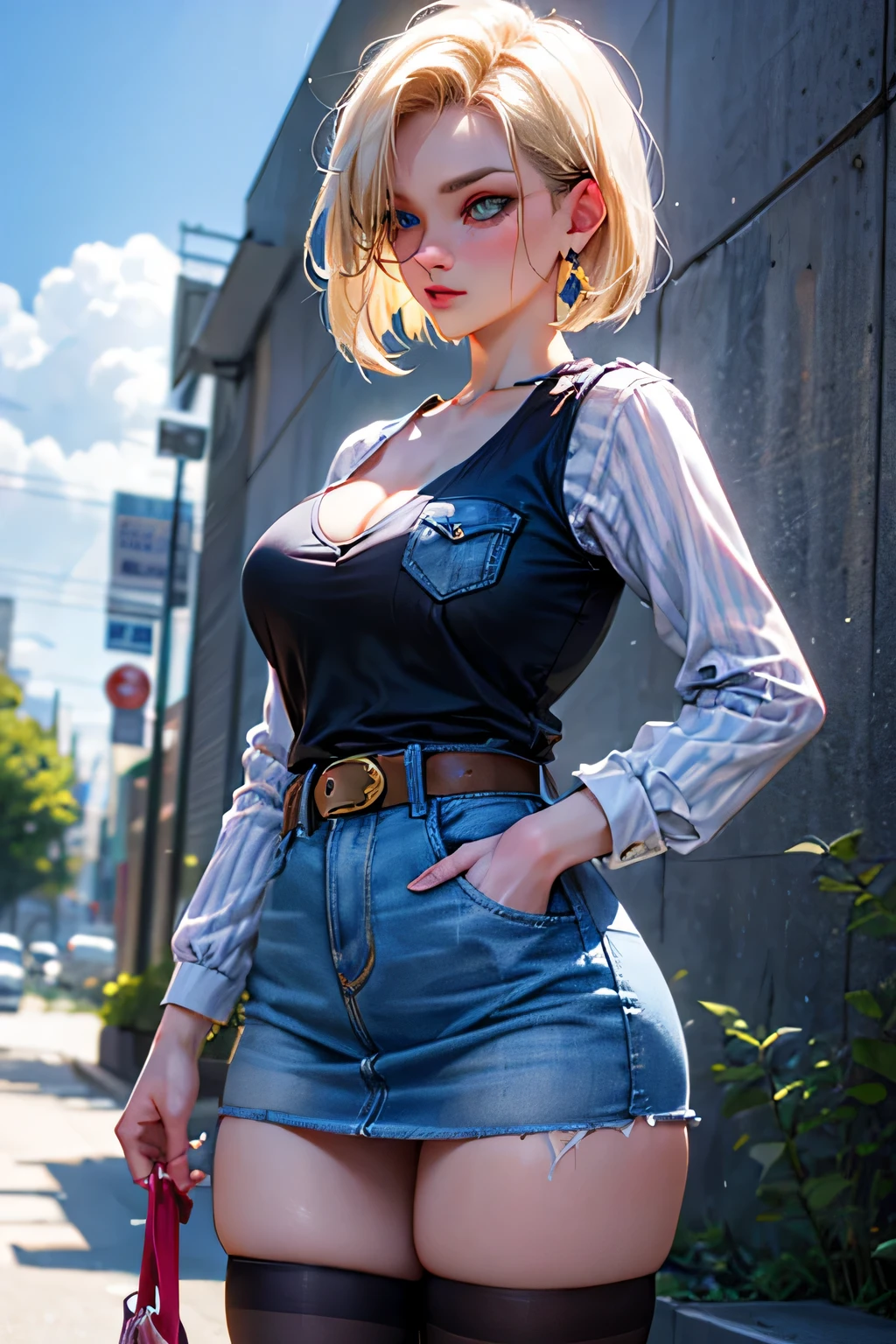 android 18, android 18, blonde hair, blue eyes, eyelash, hoop earrings, short hair, earrings, break belt, black legwear, black shirt, breast pocket, cleavage, clavicle, denim, denim skirt, high-waist skirt, jewelry, long sleeve, pocket, shirt, shirt tucked in, skirt, striped, striped sleeves, waistcoat,, break outdoors, city, null, cloud, sun, break looking at viewer, (cowboy shot:1.5), break (masterpiece:1.2), highest quality, High resolution, unity 8k wallpaper, (shape:0.8), (beautiful and detailed eyes:1.6), highly detailed face, perfect lighting, Very detailed CG, (perfect hands, perfect anatomy)