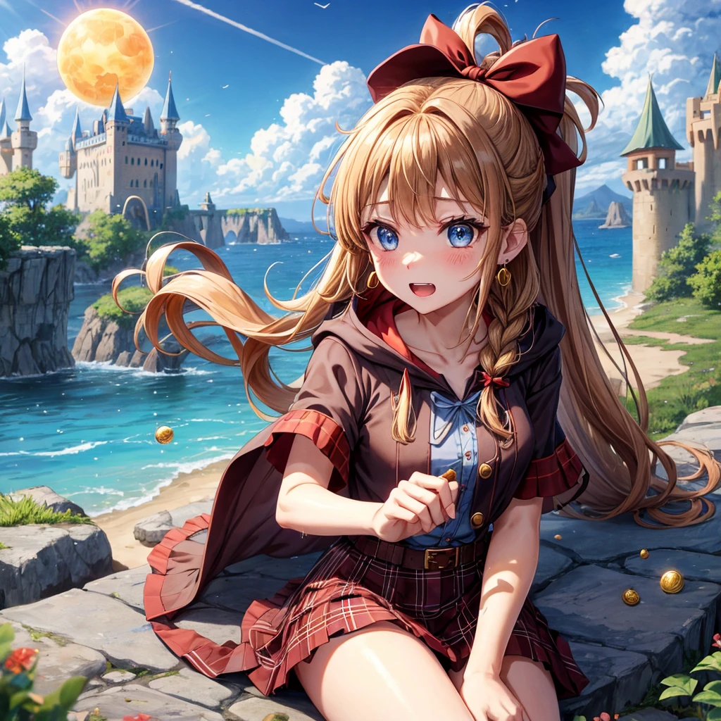 reddish-brown blonde、blue eyes、Braid、ponytail、one good looking girl、solo、anime、Plaid miniskirt、the skirt has buttons、camisole、black t-shirt、dress、Doing the ribbon、Ribbon at waist、cloak、Crystal Grotto、hood、desert、clouds are swirling、stone slabs are piled up、One hand is raised、Wearing a baseball cap 、crystal earrings、sun、sitting、gold coins are falling、teeth are visible、splash of water、monster castle、have a world map