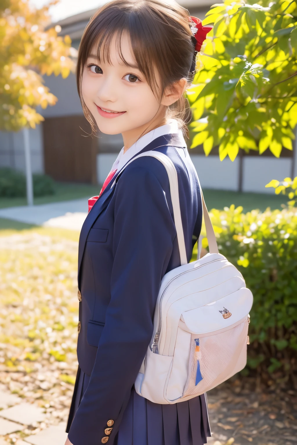 (((masterpiece，Super high resolution, realistic, super detailed, 8K,highest quality))),  (one beautiful japanese girl, innocence) ， detailed background，slender body shape，(bun hair), (baby face，Cute type，adorable 12 year old girl)， (perfect body:1.1),  (Japanese high school girl uniform，sailor suit，navy pleated mini skirt)，enjoy，smile，small gravure idol，transparent skin，Beautiful autumn scenery can be seen from the window，soft lighting，cute pose