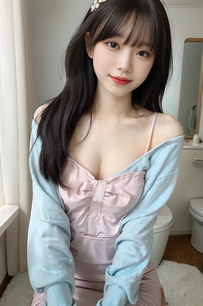 (16K、original photography、top quality、​Masterpiece)、(realistic、Realism)、Super detailed、ultra high resolution、1、Different opinions、Beautiful and delicate face、a smile、shrink、(slim waist) beautiful and delicate skin、Texture、flowing hair、professional lighting、small breasts、Depiction of stripes and stripes、bath