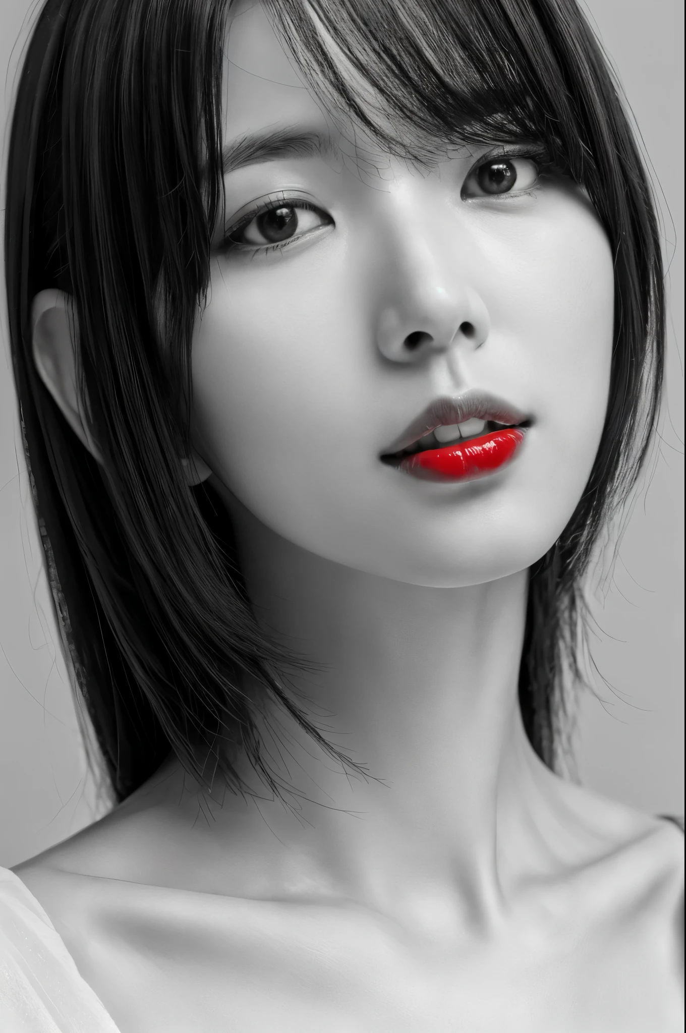 Masterpiece, Best Quality, Photorealsitic, Ultra-detailed, finely detail, high resolution, 8k wallpaper, Professional, high level of detail, ((monochrome photo)), 1girl in, Skinny Japanese woman, ((Facing the front)), ((Only lips are in Red)), Detailed clavicle, face perfect, straight hair, (look straight at a camera)