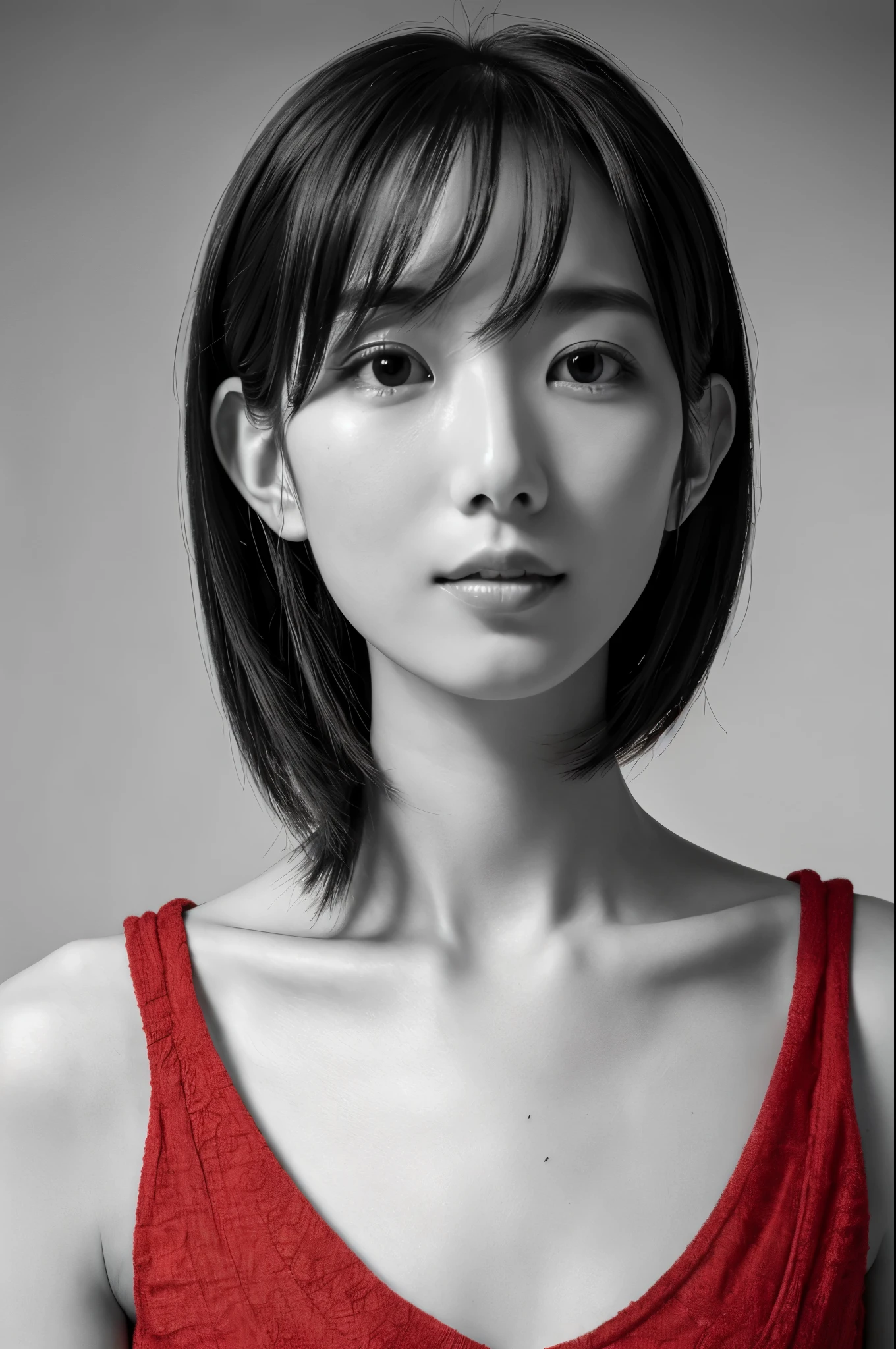 Masterpiece, Best Quality, Photorealsitic, Ultra-detailed, finely detail, high resolution, 8k wallpaper, Professional, high level of detail, ((monochrome photo)), 1girl in, Skinny Japanese woman, ((Facing the front)), ((Only lips are in Red)), Detailed clavicle, face perfect, straight hair, (look straight at a camera)