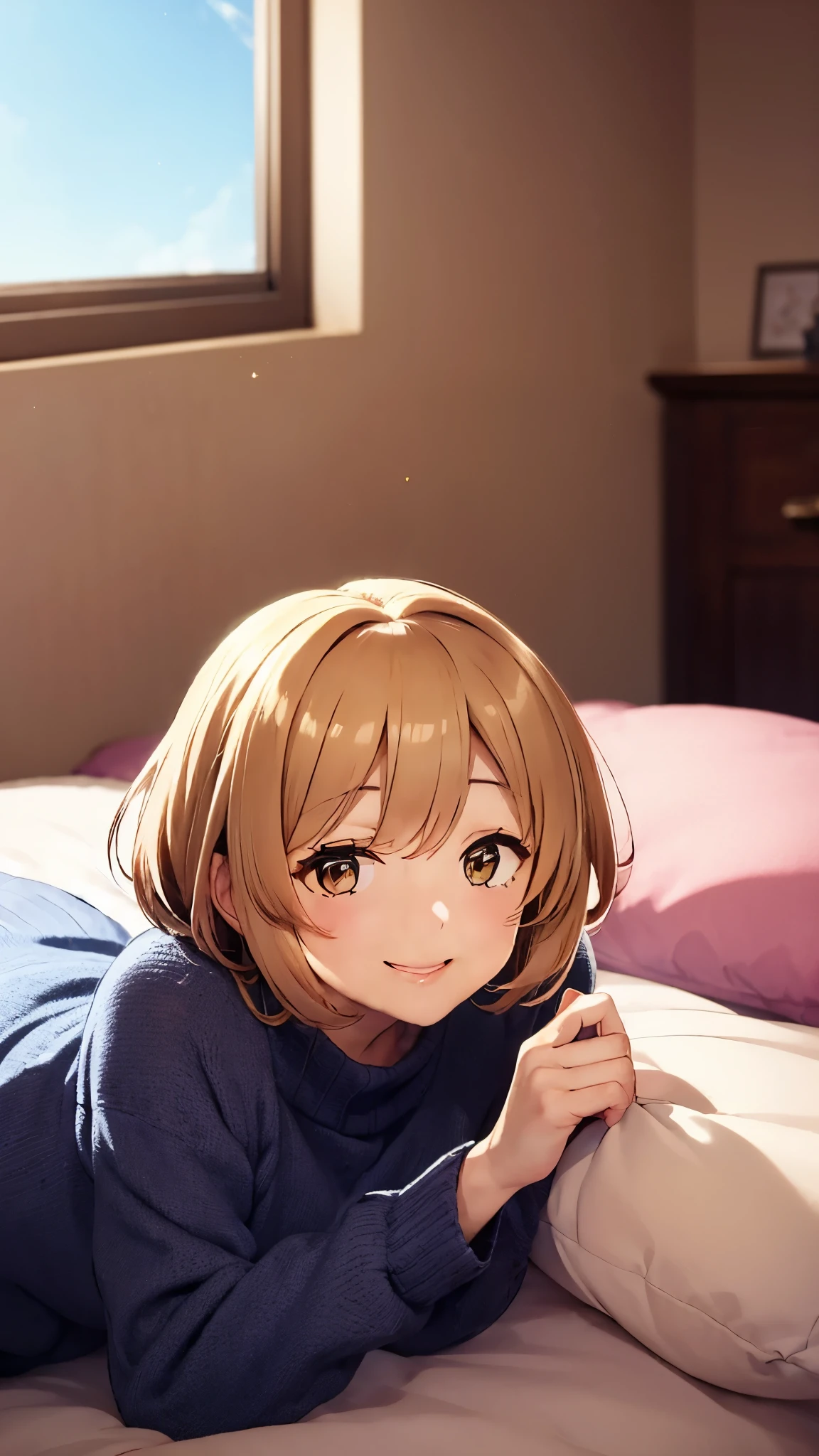 1girl, Golden hour lighting, Sweater dress, (idol), (Charming), (platinum short hair: 0.8), ((Puffy eyes)), Smiling, Laughing,Middle chest,  ( lie on bed:1.3)