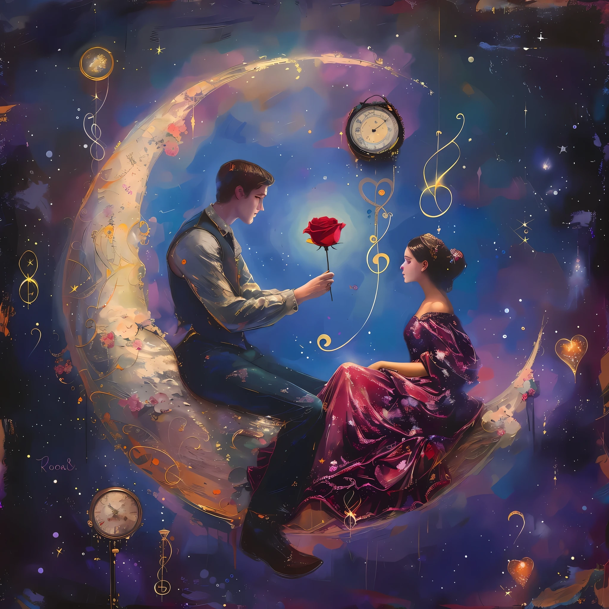 focus on face expressions, detailed faces, painting of a man and woman sitting on a crescent with a rose, romantic painting, romanticism art style, concept art of love, romanticism painting, rob rey and kentarõ miura style, inspired by Victor Nizovtsev, fairytale painting, romanticism artwork, dreampunk romanticism artwork, romantic era painting