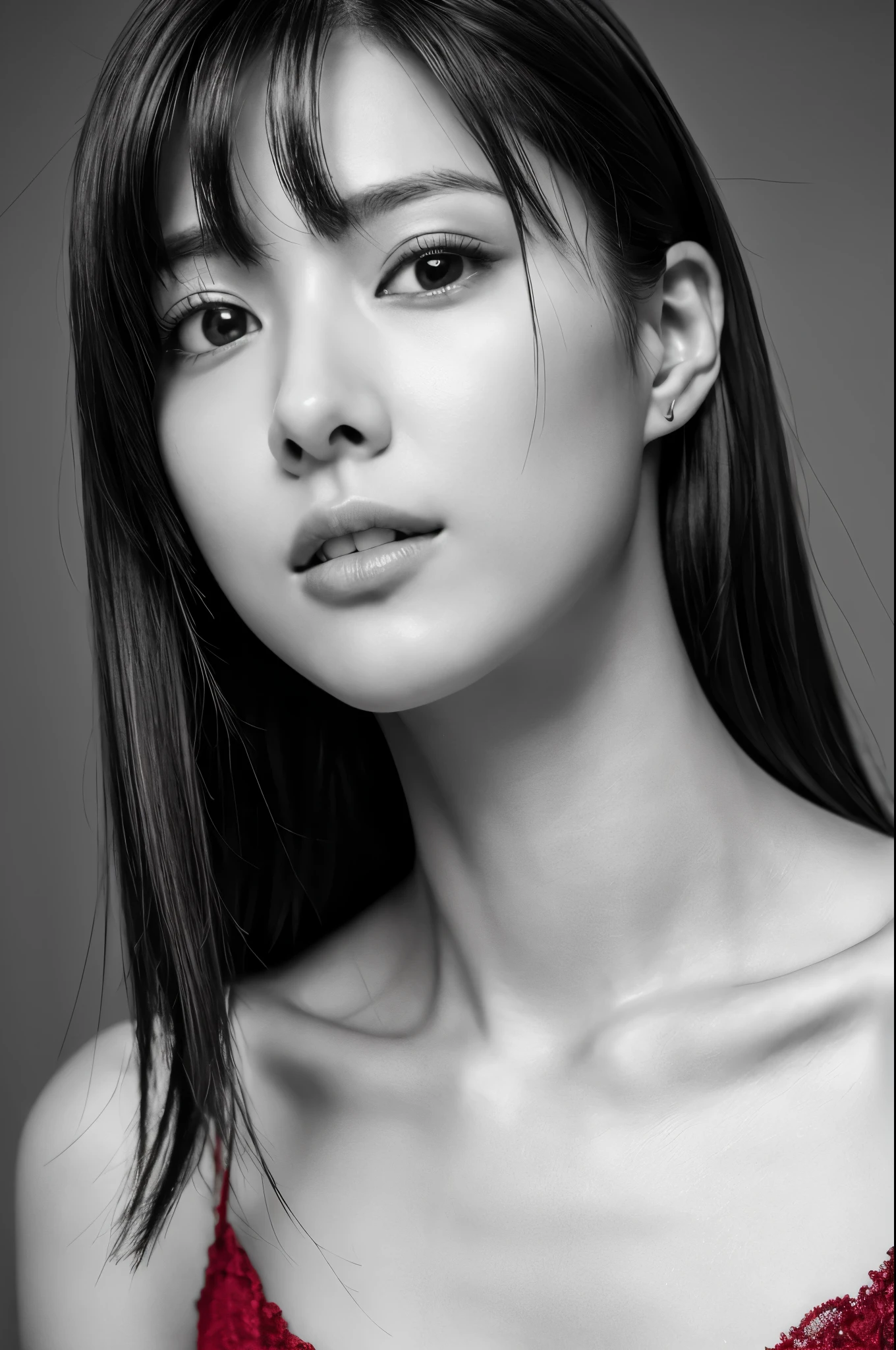 Masterpiece, Best Quality, Photorealsitic, Ultra-detailed, finely detail, high resolution, 8k wallpaper, Professional, high level of detail, ((monochrome photo)), 1girl in, Skinny Japanese woman, ((Facing the front)), ((Only lips are in Red)), Detailed clavicle, face perfect, straight hair, (look straight at a camera)