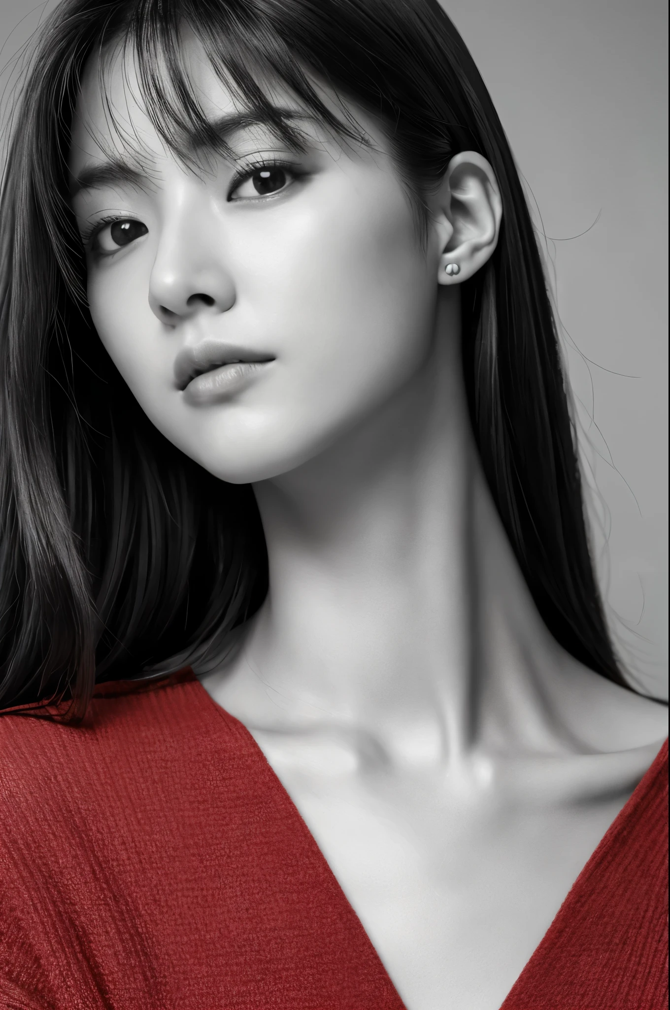 Masterpiece, Best Quality, Photorealsitic, Ultra-detailed, finely detail, high resolution, 8k wallpaper, Professional, high level of detail, ((monochrome photo)), 1girl in, Skinny Japanese woman, ((Facing the front)), ((Only lips are in Red)), Detailed clavicle, face perfect, straight hair, (look straight at a camera)