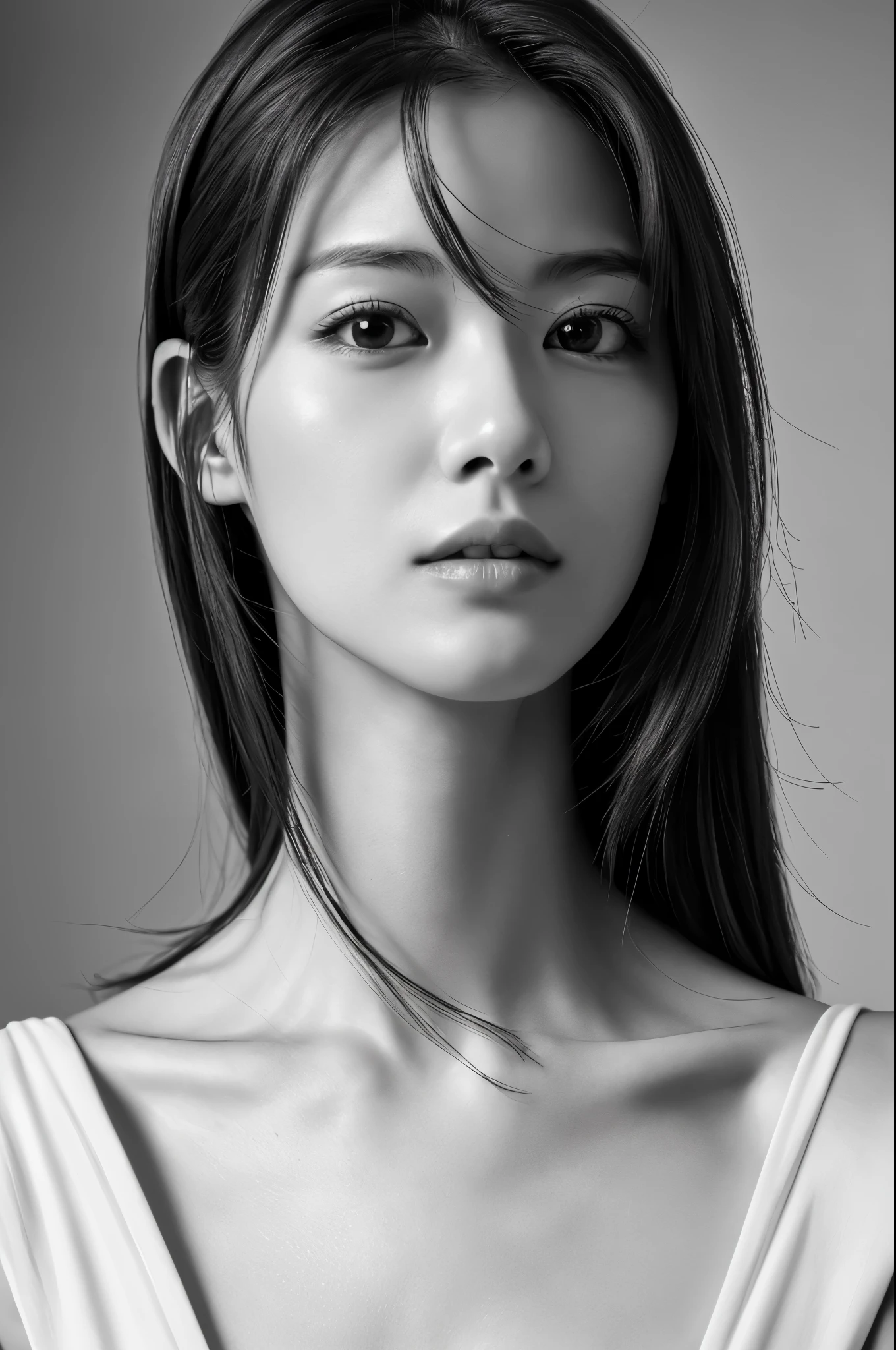 Masterpiece, Best Quality, Photorealsitic, Ultra-detailed, finely detail, high resolution, 8k wallpaper, Professional, high level of detail, ((monochrome photo)), 1girl in, Skinny Japanese woman, ((Facing the front)), ((Only lips are in Red)), Detailed clavicle, face perfect, straight hair, (look straight at a camera)