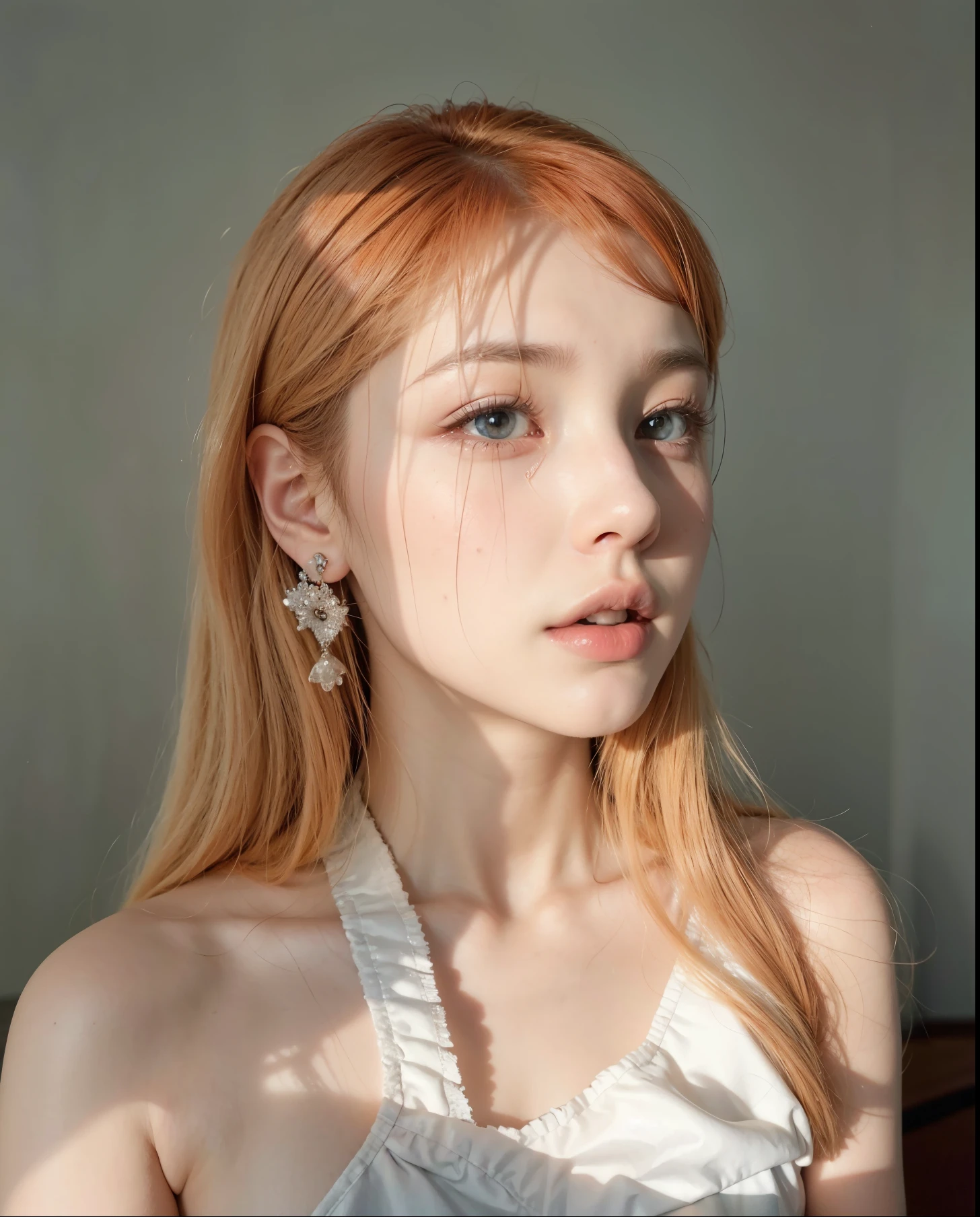 there is a woman with a white dress and a red hair, hyper realistic anime, hyper real photo, crying fashion model, white skin and reflective eyes, the hime cut, yanjun chengt, belle delphine, taejune kim, pale porcelain white skin, slit pupils, kim doyoung, white hime cut hairstyle, hyper realism aesthetic, ulzzang, pale woman