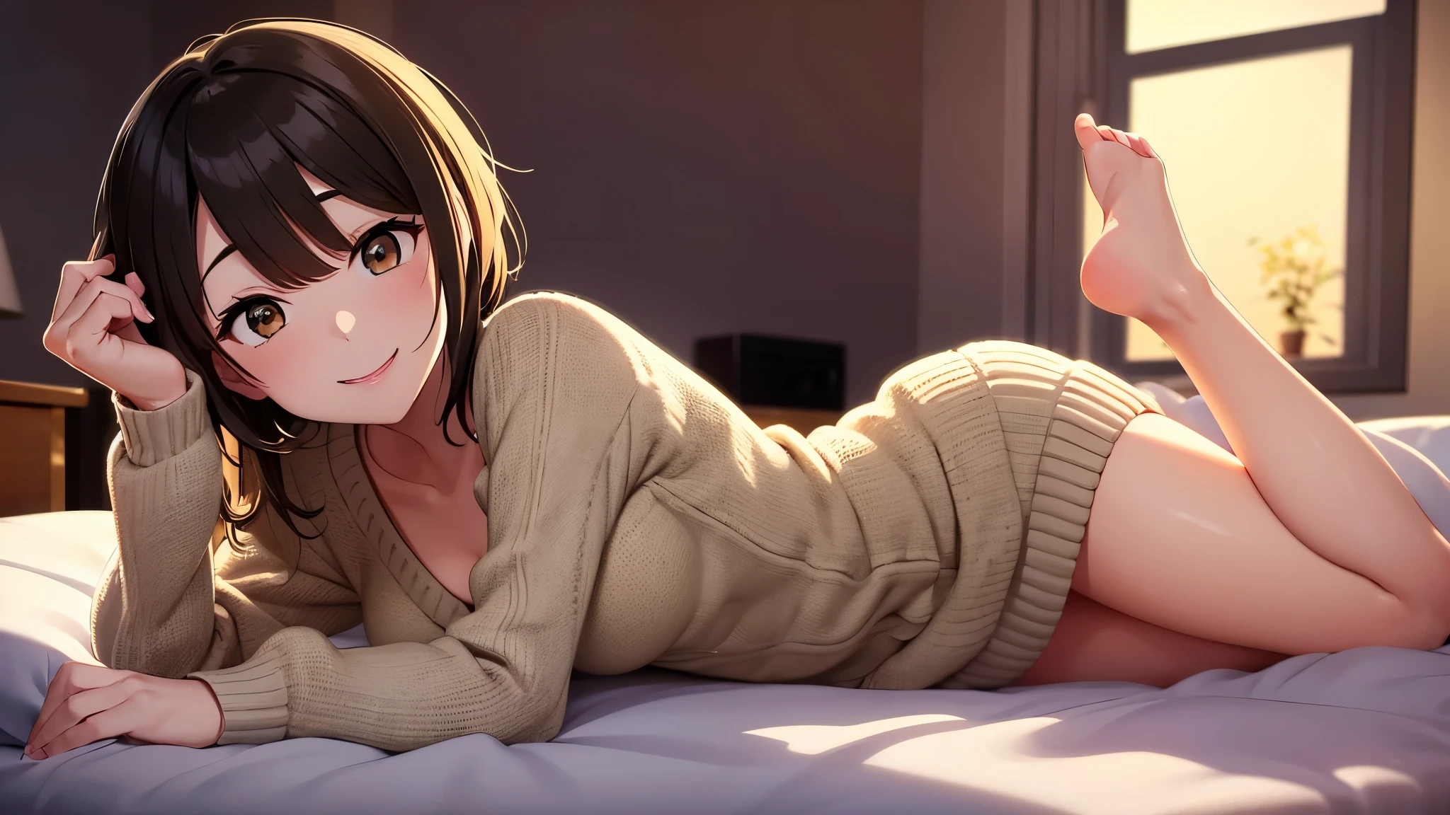 1girl, Golden hour lighting, Sweater dress, (idol), (Charming), (platinum short hair: 0.8), ((Puffy eyes)), Smiling, Laughing,Middle chest, ( lie on bed:1.3)