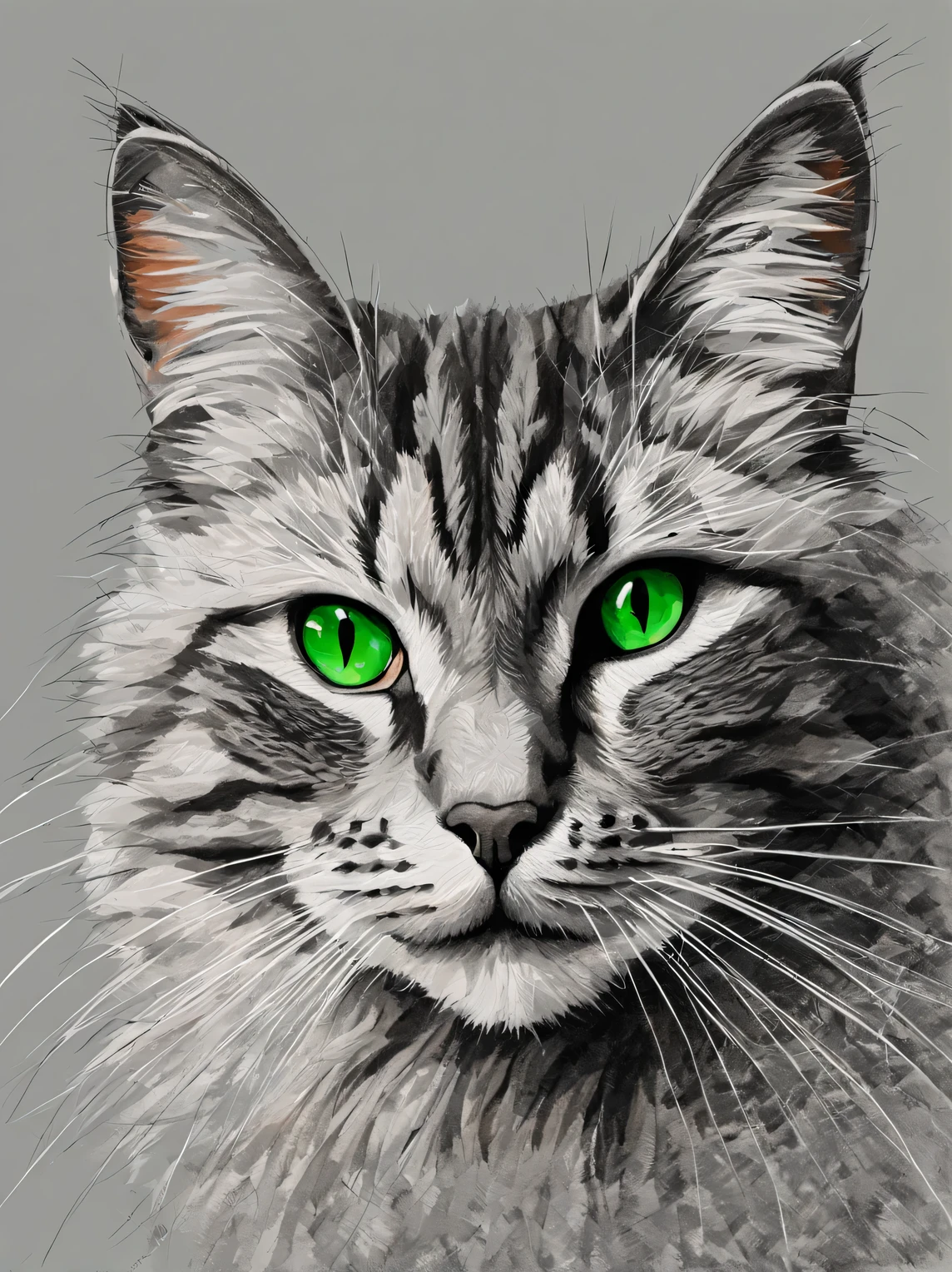 The Art of Drawing with Cells, the pattern is formed by a thin cell, portrait of a fluffy cat made in thin checkered patterns on gray paper