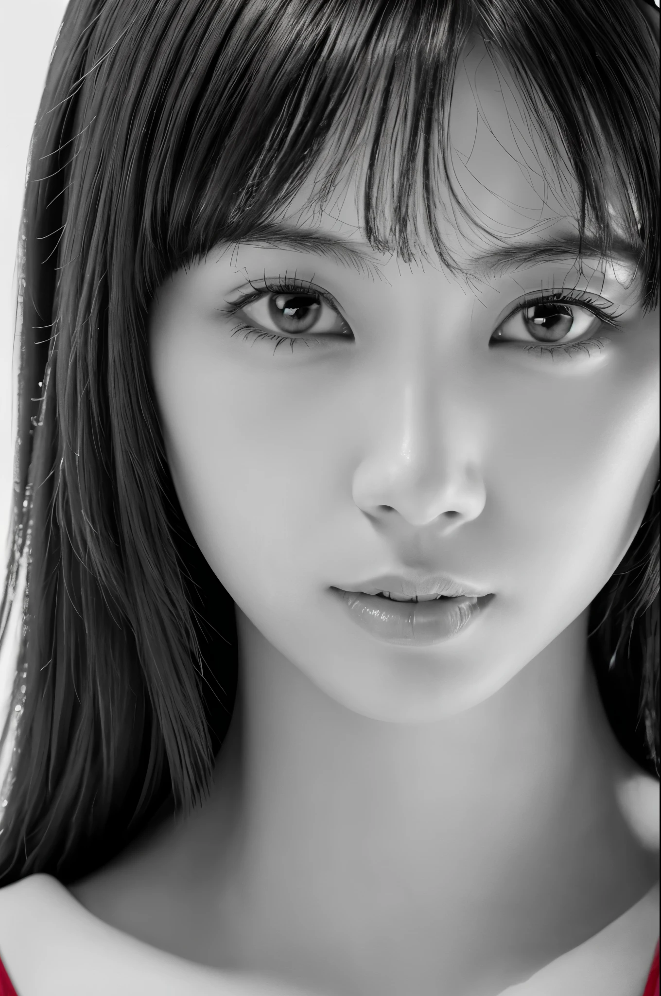 Masterpiece, Best Quality, Photorealsitic, Ultra-detailed, finely detail, high resolution, 8k wallpaper, Professional, high level of detail, ((monochrome photo)), 1girl in, Skinny Japanese woman, ((Facing the front)), ((Only lips are in Red)), Detailed clavicle, face perfect, straight hair, (look straight at a camera)