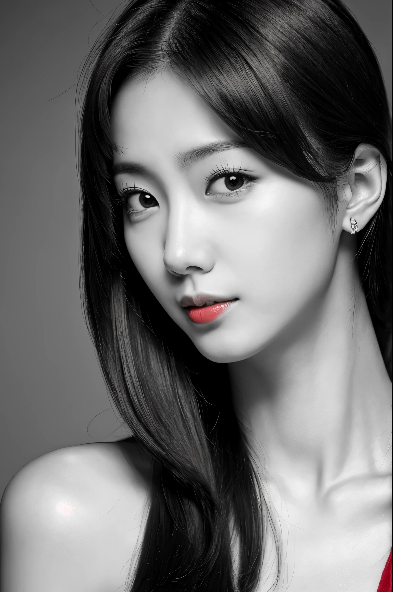 Masterpiece, Best Quality, Photorealsitic, Ultra-detailed, finely detail, high resolution, 8k wallpaper, Professional, high level of detail, ((monochrome photo)), 1girl in, Skinny Japanese woman, ((Facing the front)), ((Only lips are in Red)), Detailed clavicle, face perfect, straight hair, (look straight at a camera)
