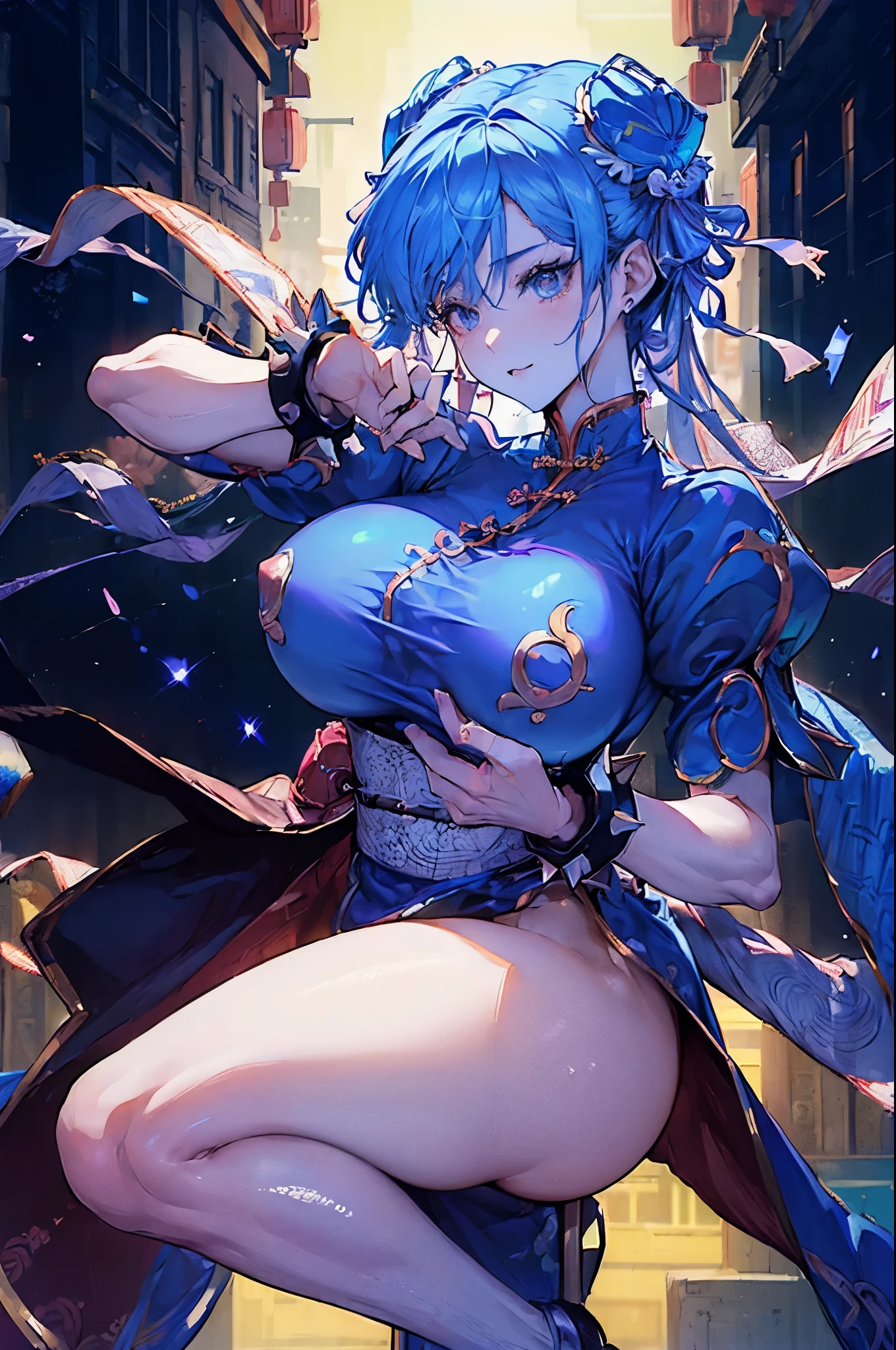 (((Cool beauties、shinny skin:1.5)))(masutepiece), (Best Quality), 8K resolution, Ultra-detailed, ultra-detailliert, Realistic, photograph, Photorealism, ((1woman)), chun li, Chun-Li costume, Perfect body, Smile, Huge breasts, musculature, thick thighs, thick legs, wide hips, big breasts thin waist, ((Chinatown、Doing a high kick))