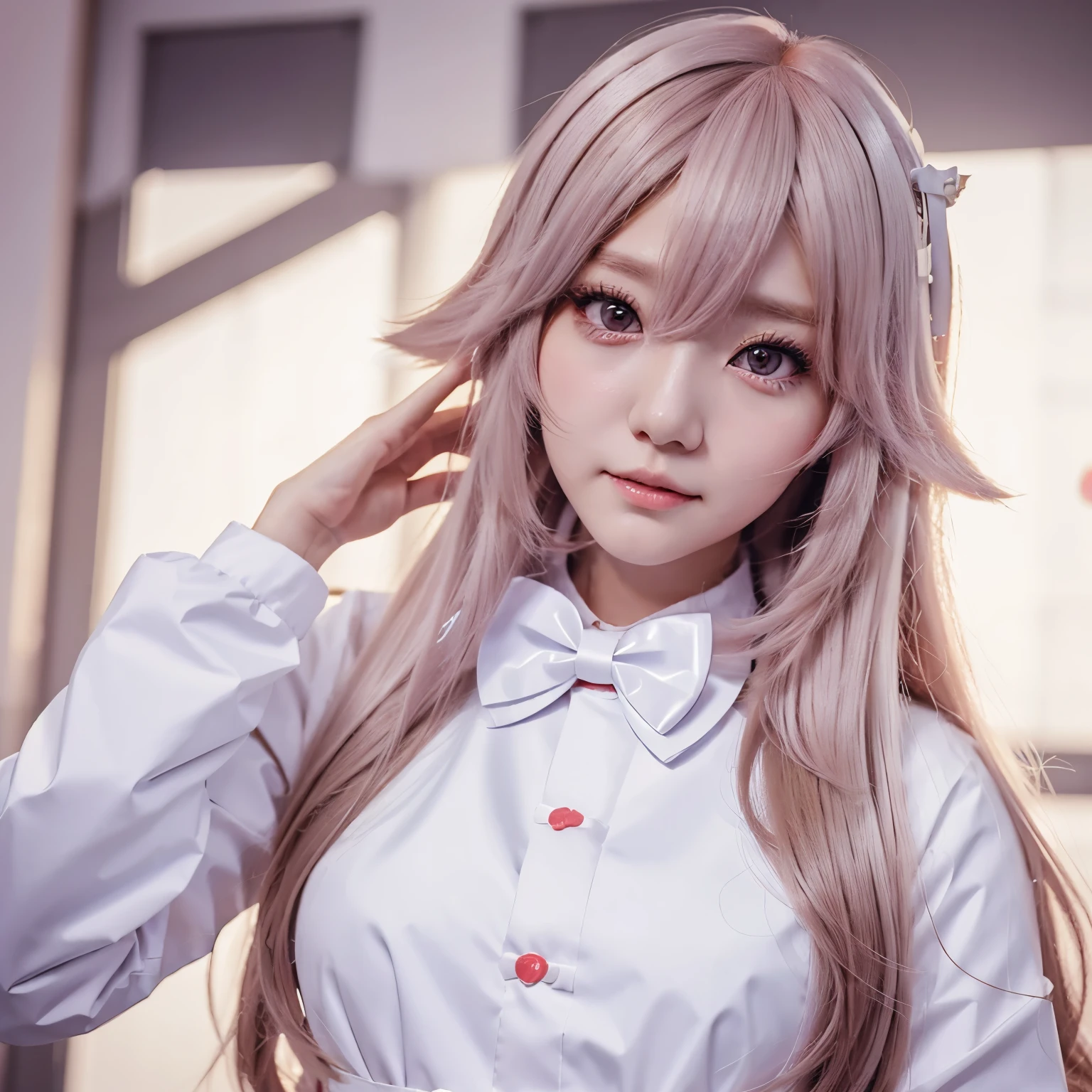 There is a woman with long hair wearing a white jacket and a bow tie., Korean girl, realistic anime girl, Chinese girl, Anime girls in real life, long hair anime girl, White Hime cut hairstyle, Natural cute anime face, Realistic 3D anime style, beautiful anime girl, With a cute-detailed face, beautiful anime pictures, beautiful south korean women