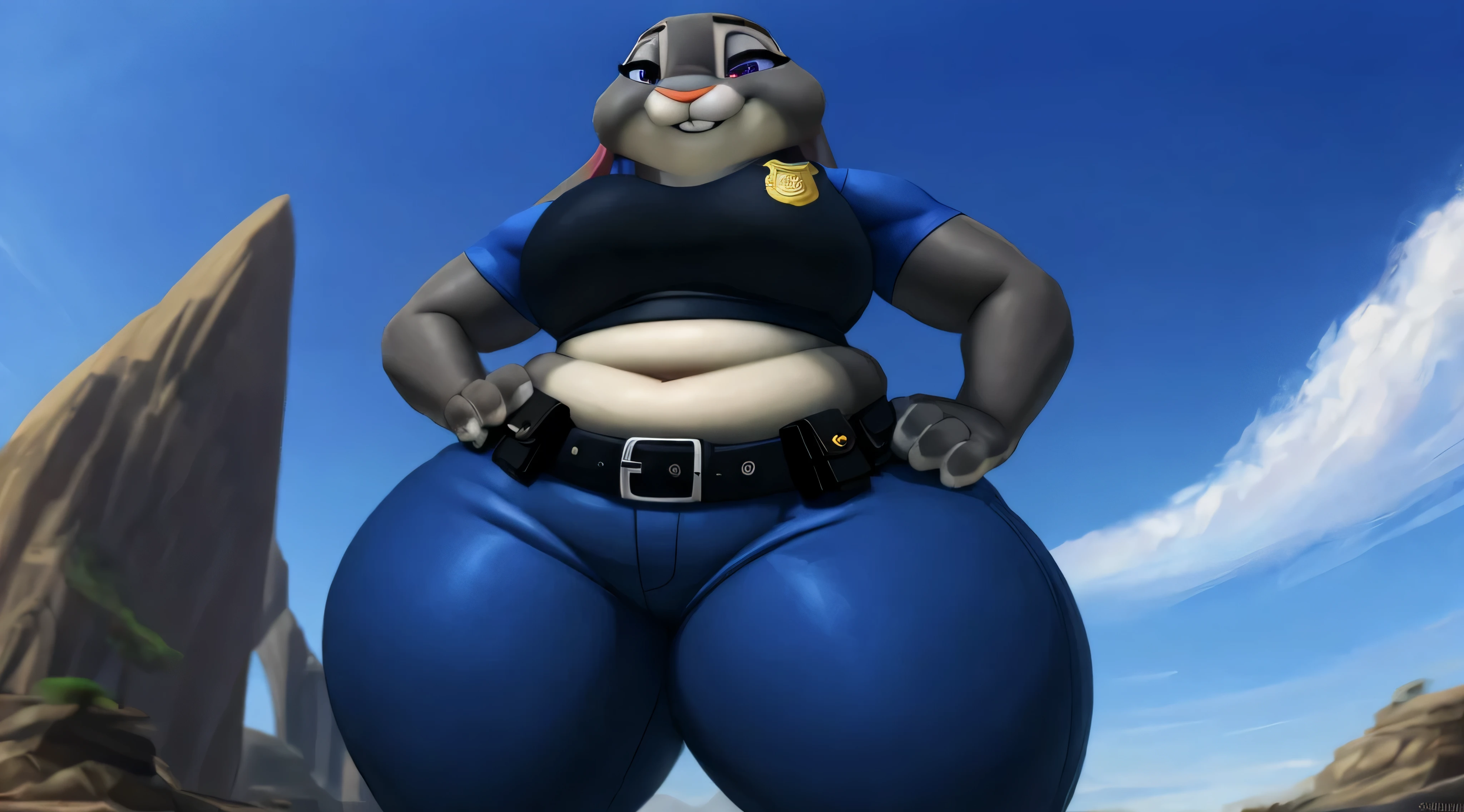 [JudyHopps], [carregado para e621.liquid; (Pixelsketcher), (wamudraws), (Siroc)], ((obra de arte)), ((High definition)), ((high resolution)), ((retrato solo)), ((corpo todo)), ((vista frontal)), ((feet visible)), ((peludo; antropo)), ((pele detalhada)), ((sombreamento detalhado)), ((beautiful rendering art)), {antropo rabbit; pelo cinza, nariz preto, (orelhas de coelho multicoloridas), (curvy hips), (lindas pernas), (beautiful feet), (lindos olhos roxos), (sorriso fofo)}, {(uniforme policial), (ZPD Police Badge), (tight blue pants)}, {(standing), (hands on hips), olhando para o espectador)}, Fundo: cidade, skyscrapers, blue sky, Curvo, muito gordo, quadris largos, enorme, coxas grossas e macias, muito gordo flabby arms, Realistic lighting, alto detalhe, Rosto detalhado, sombreamento realista, rolos de gordura, tamanho enorme, seios gigantescos e enormes transbordando de gordura, decote enorme, pesado, mais tamanho, everything is fat, textura macia, lindos olhos grandes, semi-realista, dynamic angle, pattern clothes, muito gordo, SSBBW, fat arms, very fat, IMMOBILE, 800 pounds of weight.
