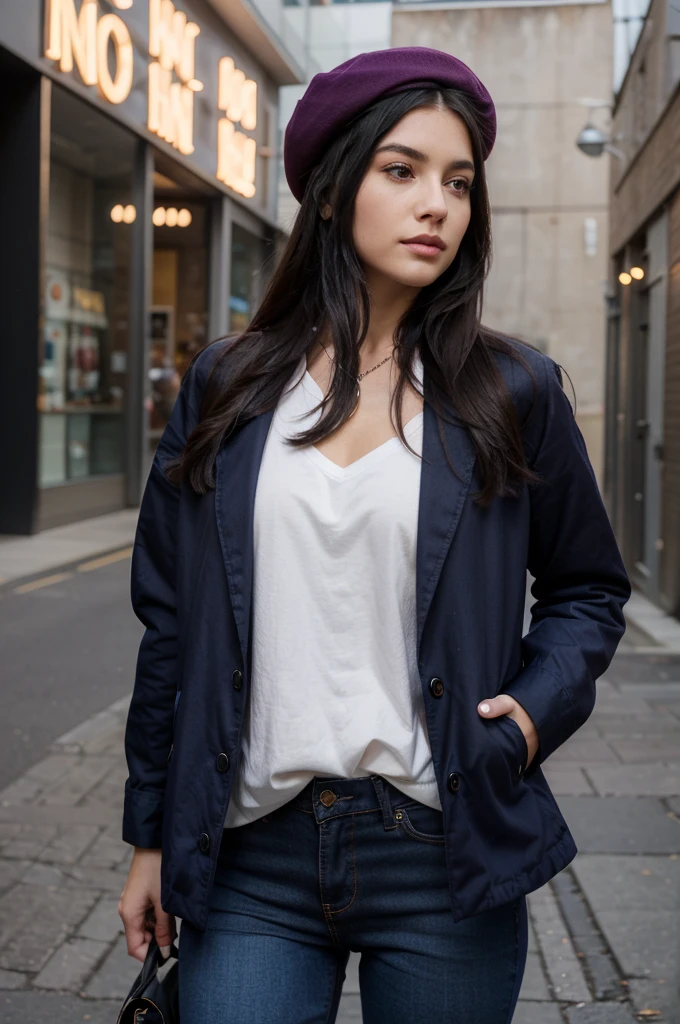 Create a realistic image of a woman wearing a beret and she has long straight black hair, pink cheek makeup, lips, skinny dark blue jeans trousers, heavy purple jacket, and jewelry around her neck.