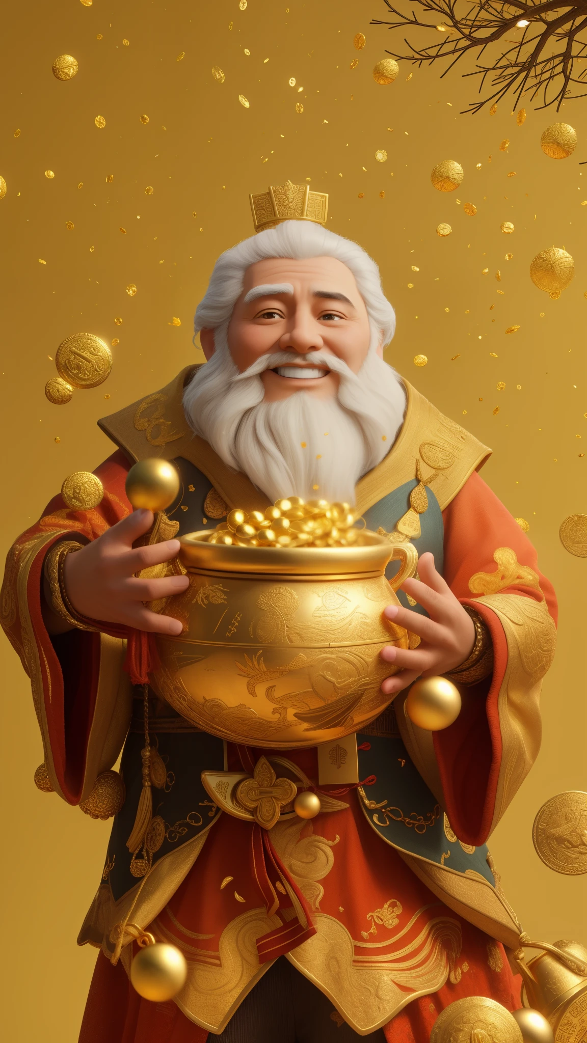 with a beard、Araf holding gold pot in hand, god of wealth, Rostland 8K, Inspired by Hu Zaobin, author:John Lagata, Hold gold, show off his wealth, holding bag of gold, Wojtechfors, author:Yang Borun, There are many gold coins, 🚀🚀🚀, There is gold, Sharing photo, golden treasure