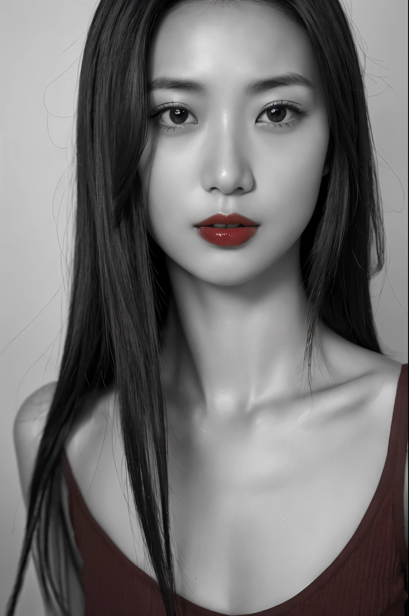 Masterpiece, Best Quality, Photorealsitic, Ultra-detailed, finely detail, high resolution, 8k wallpaper, Professional, high level of detail, ((monochrome photo)), 1girl in, Skinny Japanese woman, ((Facing the front)), ((Only lips are in Red)), Detailed clavicle, face perfect, straight hair, (look straight at a camera)