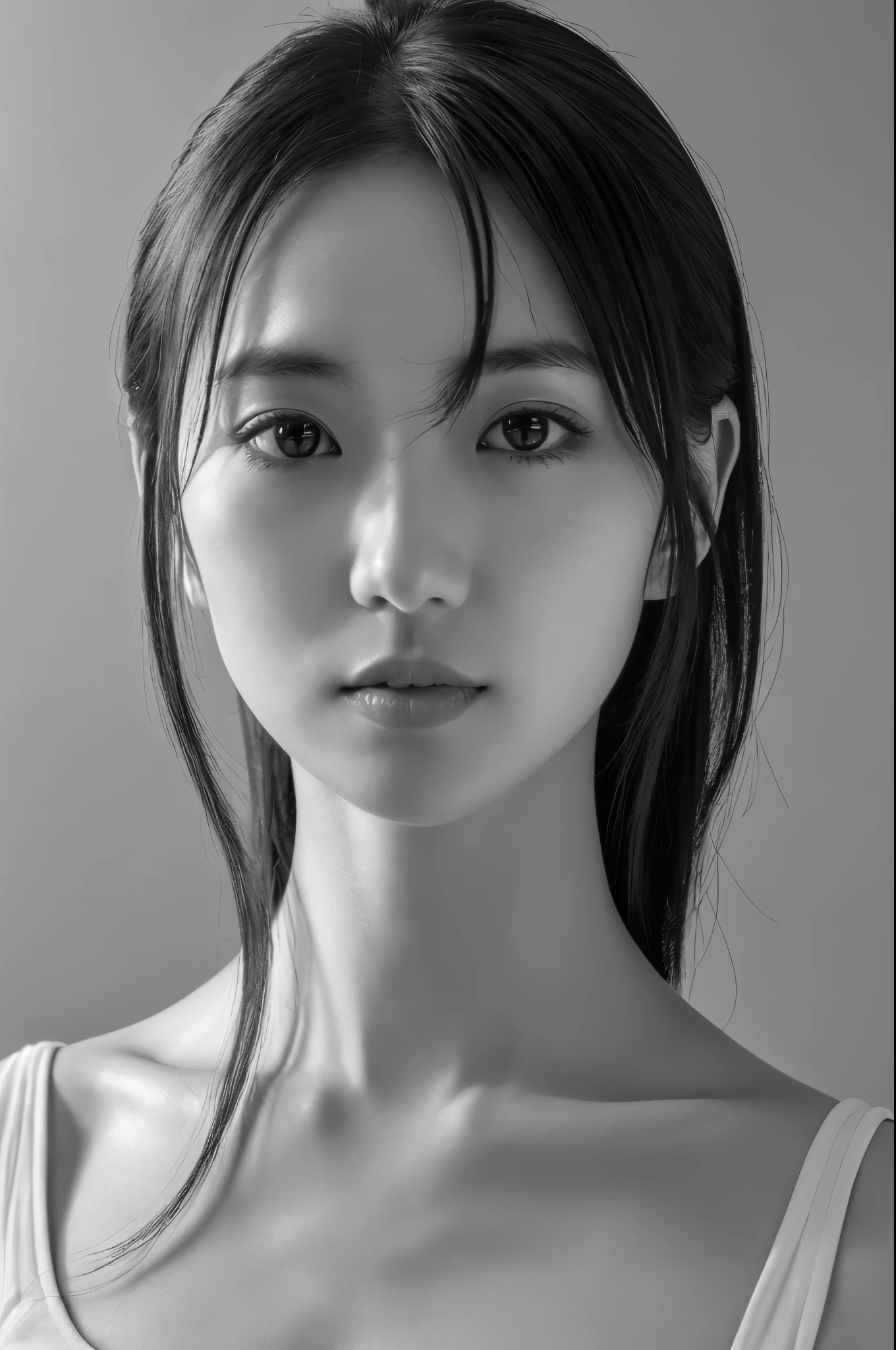 Masterpiece, Best Quality, Photorealsitic, Ultra-detailed, finely detail, high resolution, 8k wallpaper, Professional, high level of detail, ((monochrome photo)), 1girl in, Skinny Japanese woman, ((Facing the front)), ((Only lips are in Red)), Detailed clavicle, face perfect, straight hair, (look straight at a camera)