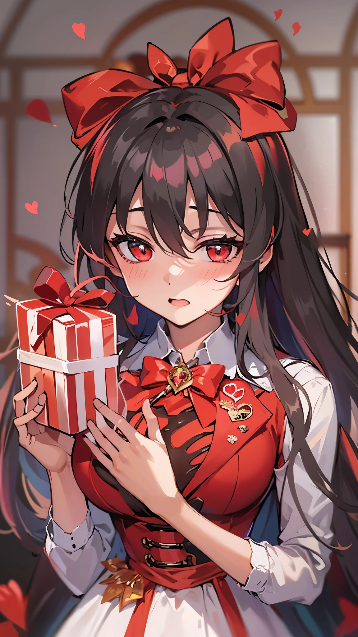 ((holding gift valentine chocolate)), frontal (solo black hair long straight hair femdom girl, 17 yo, bigboobs:1.5, detailed red eyes, blushing), in a nighat dress, show the valentine chocolates, love to, perfect anatomy, break, masterpiece:1.2, best quality, 8k, beautiful detailed grow, daydreaming expression.